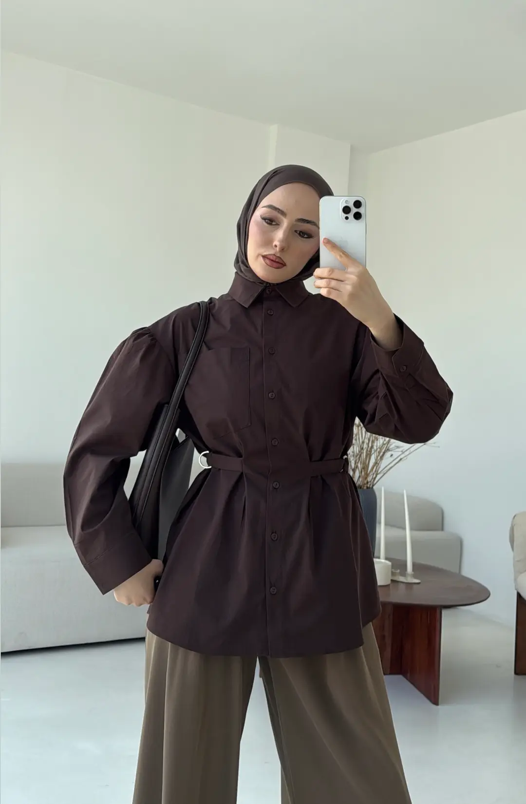 Kendinden Kemerli Gömlek Kahve - Görsel 9