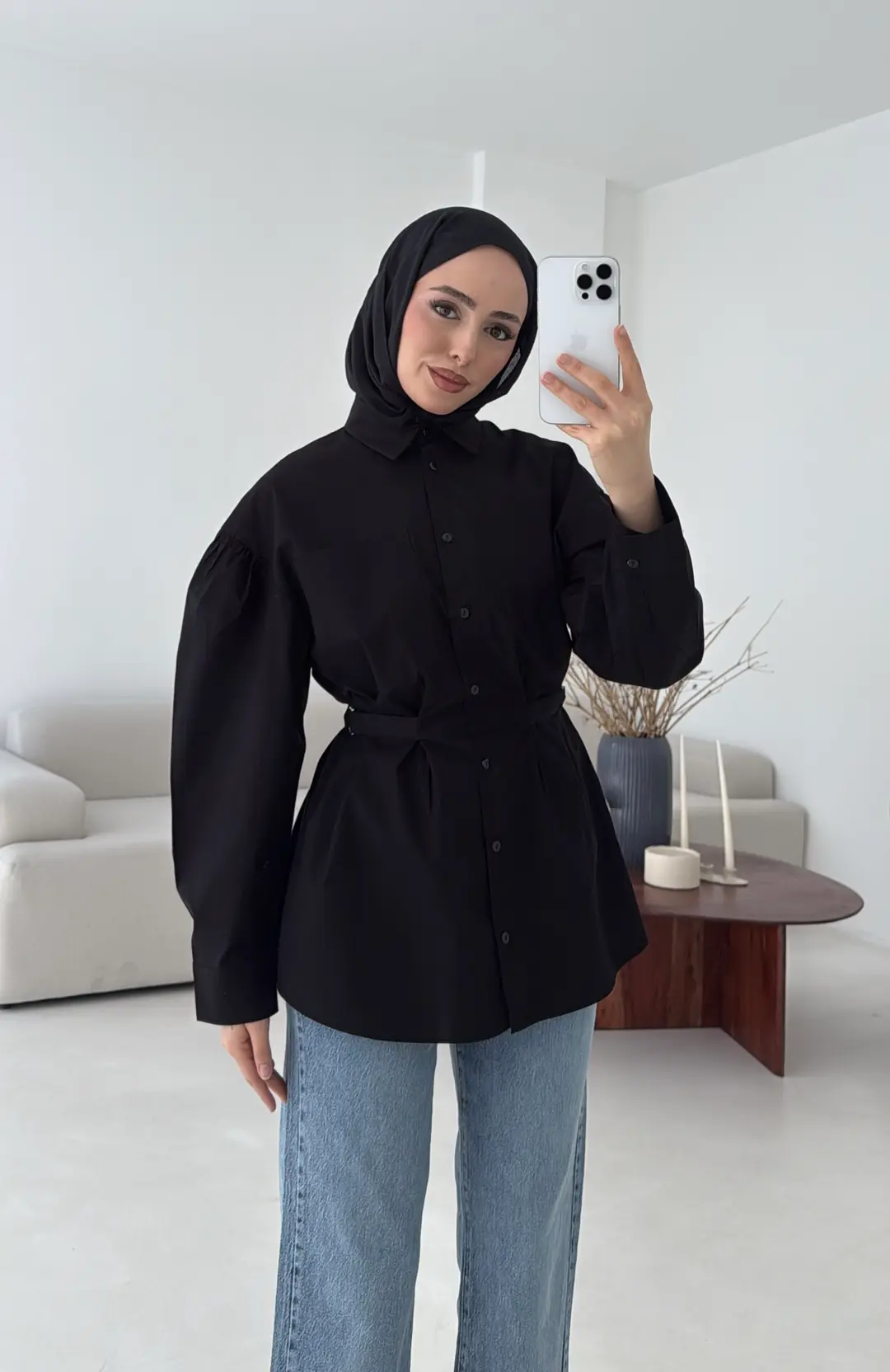 Kendinden Kemerli Gömlek Siyah