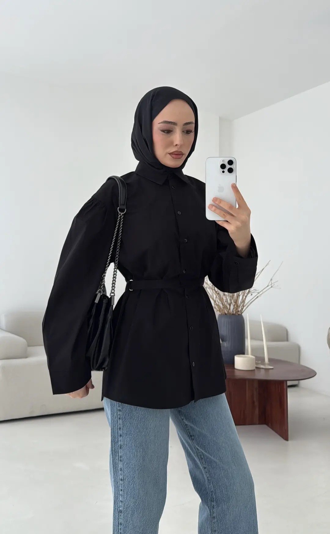 Kendinden Kemerli Gömlek Siyah - Görsel 2