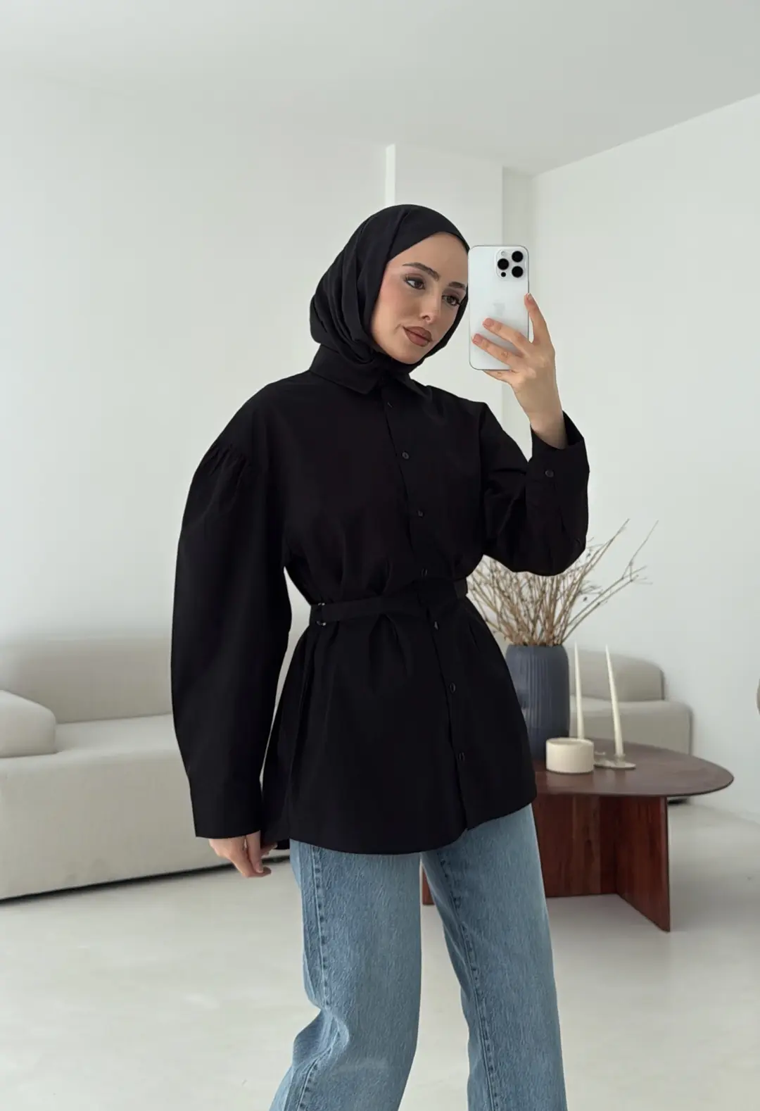 Kendinden Kemerli Gömlek Siyah - Görsel 5