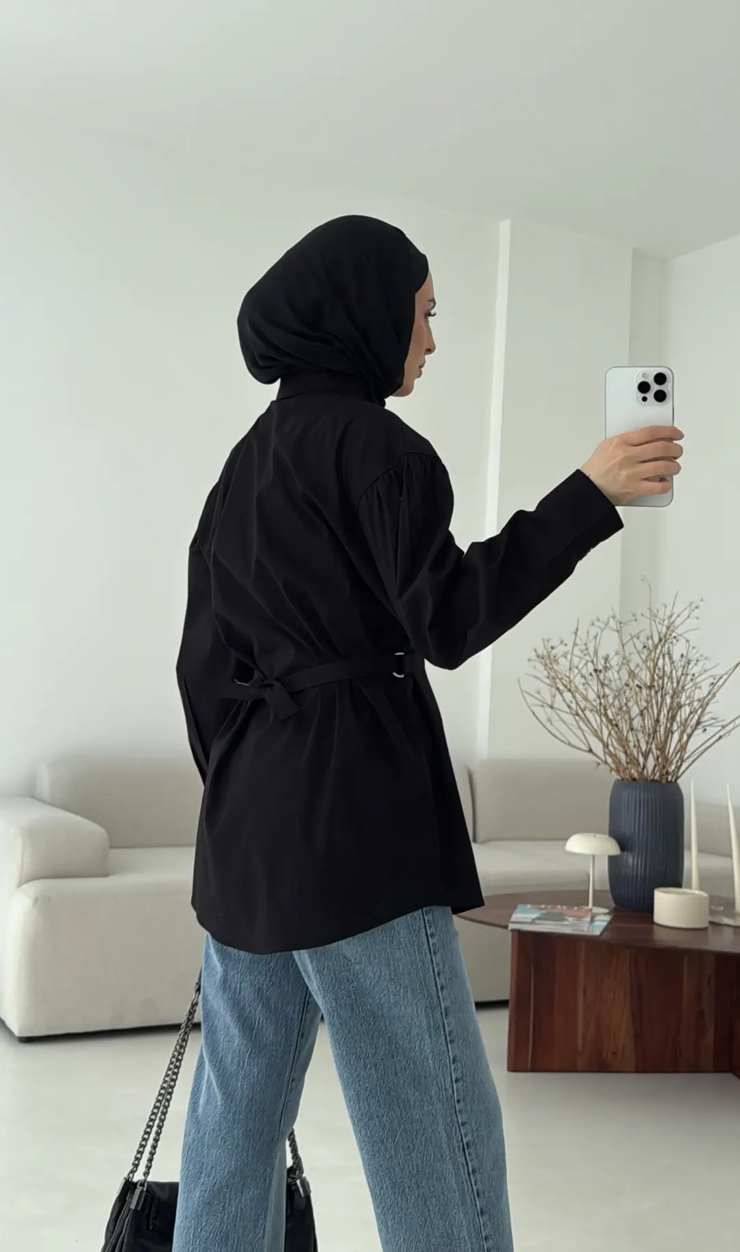 Kendinden Kemerli Gömlek Siyah - Görsel 6