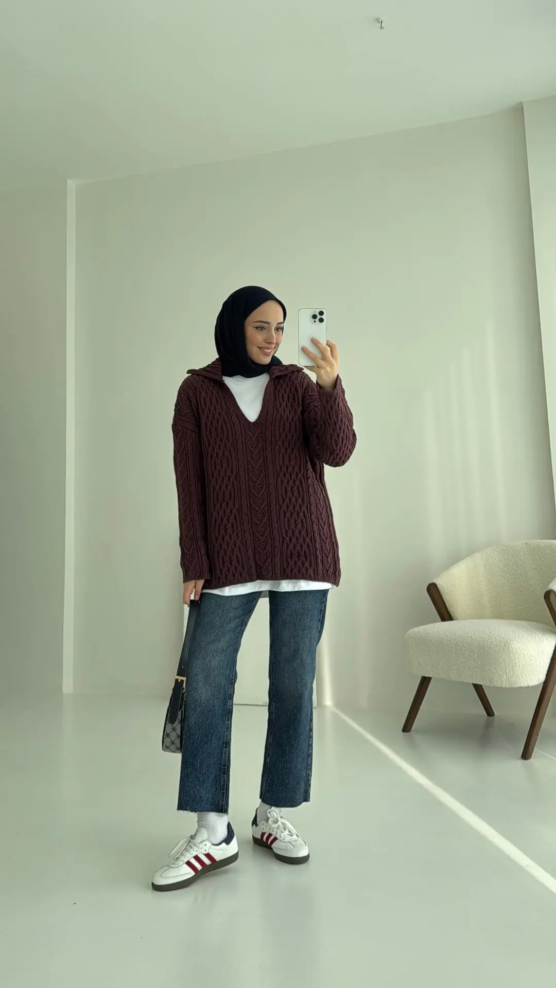 Kendinden V Yaka Saç Örgü Kazak Mürdüm - Görsel 2