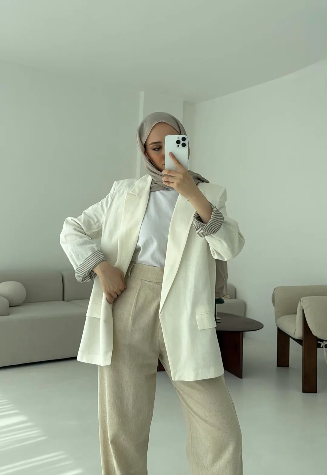 Keten Astarı Çizgili Blazer Ceket Beyaz