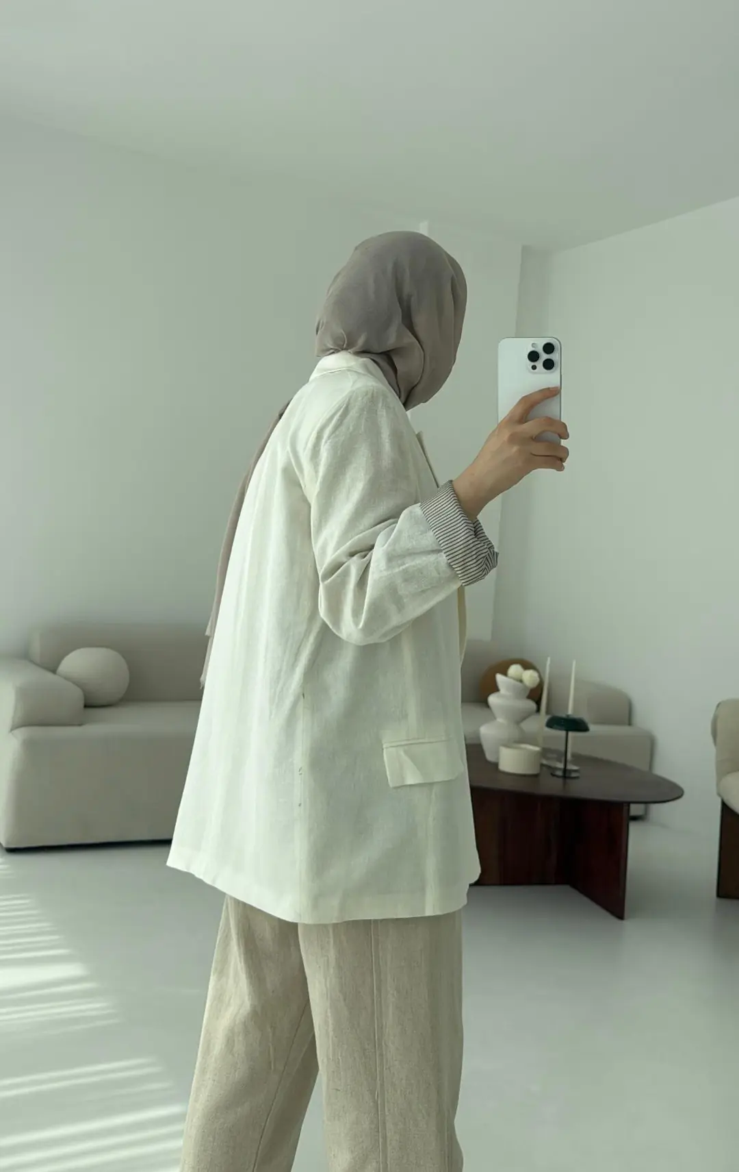 Keten Astarı Çizgili Blazer Ceket Beyaz - Görsel 2