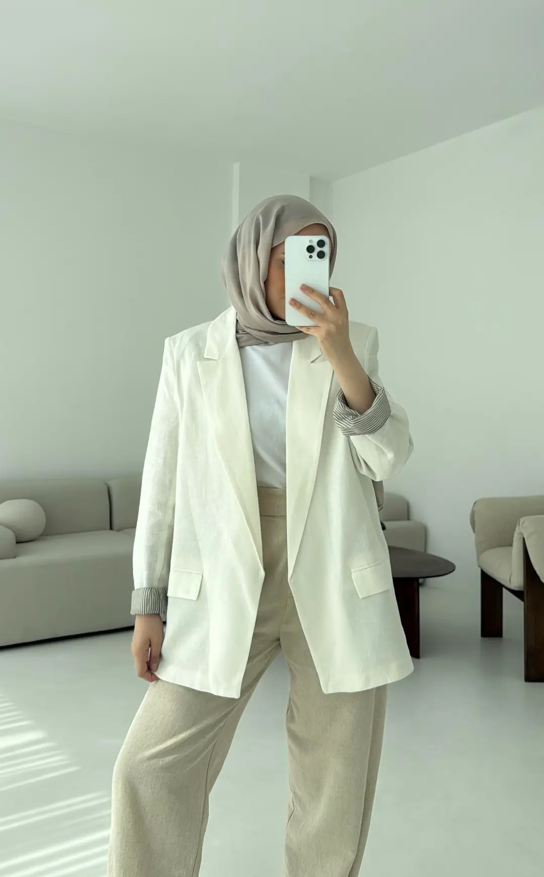 Keten Astarı Çizgili Blazer Ceket Beyaz - Görsel 3