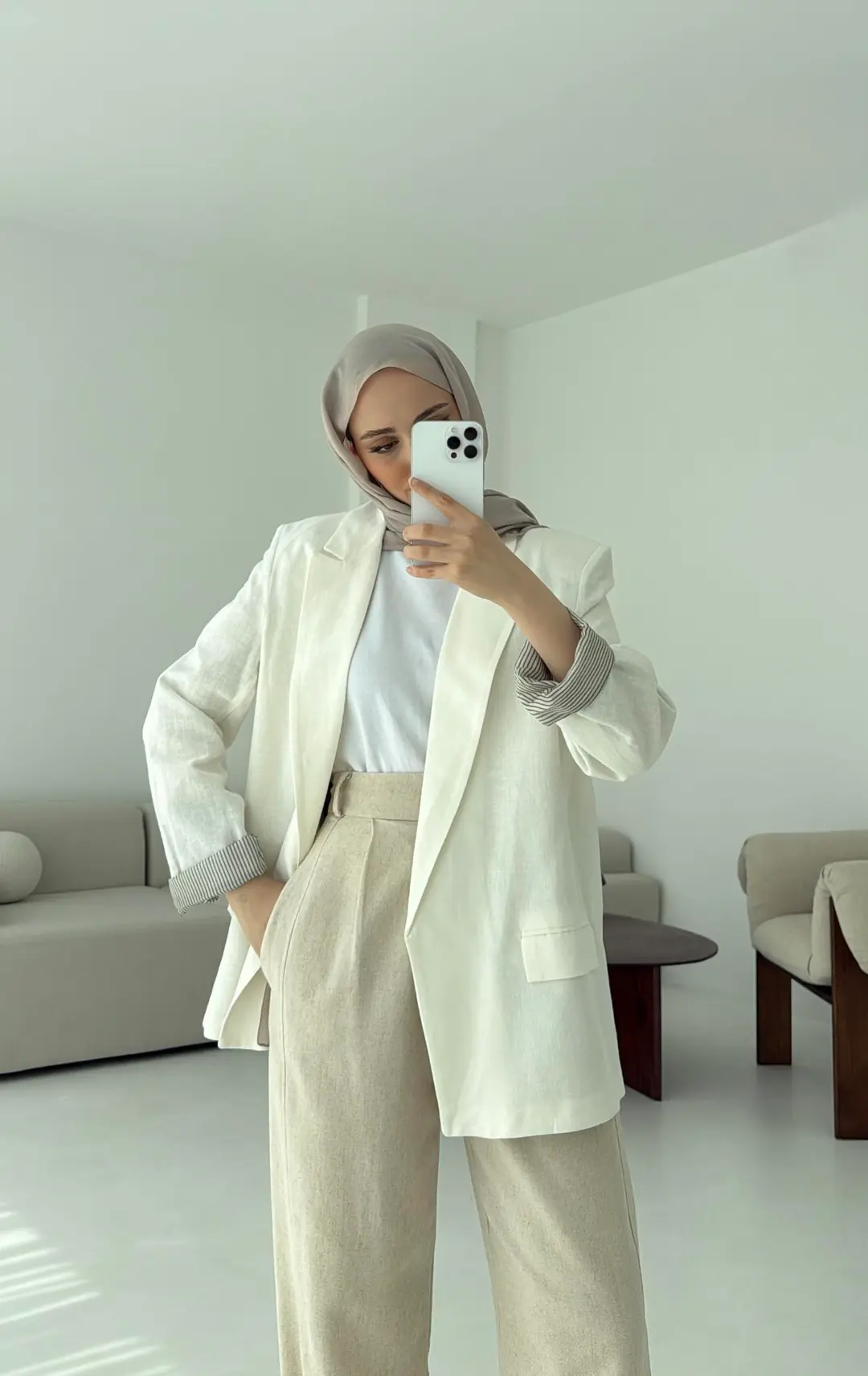 Keten Astarı Çizgili Blazer Ceket Beyaz - Görsel 4