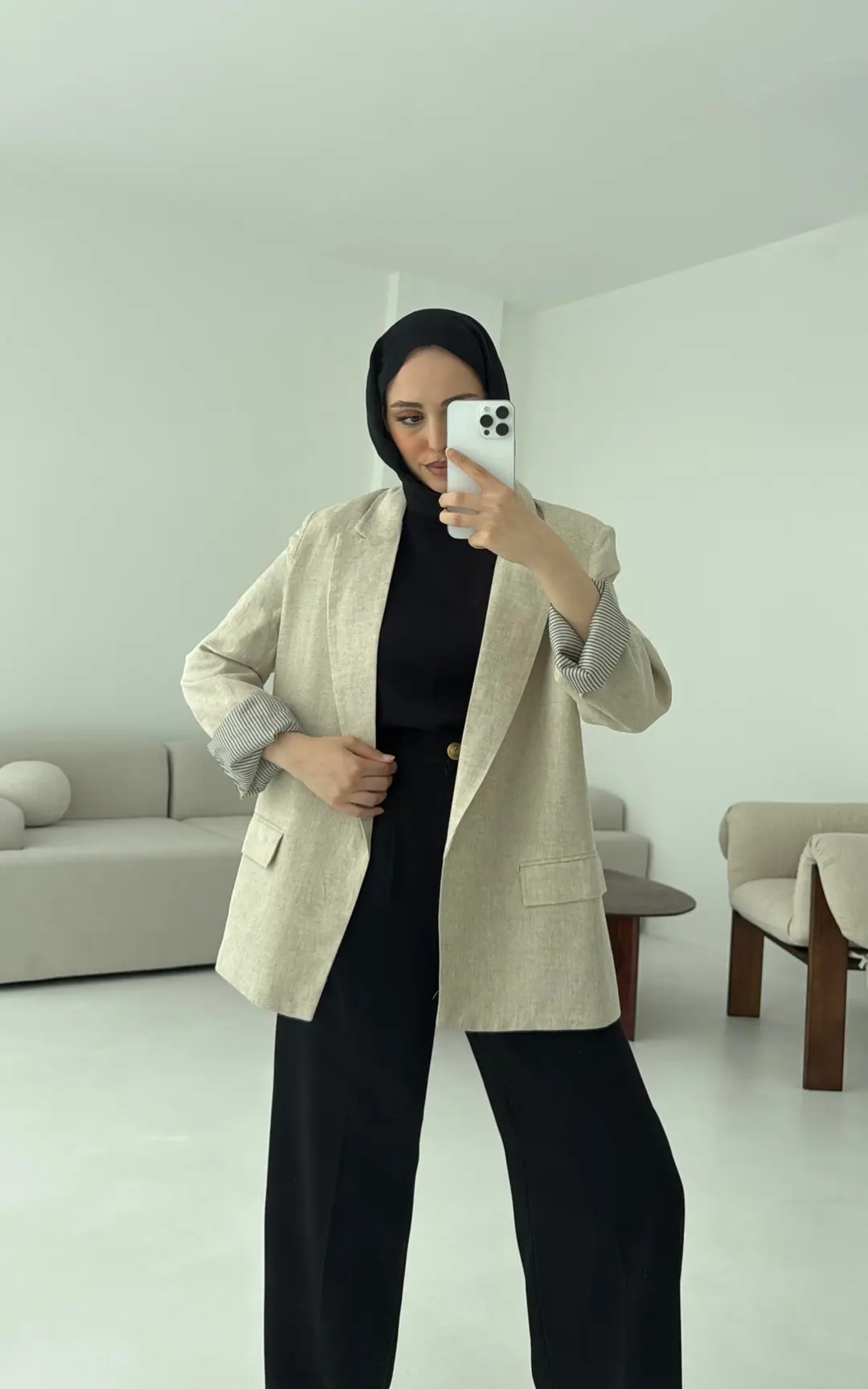 Keten Astarı Çizgili Blazer Ceket Natural - Görsel 2