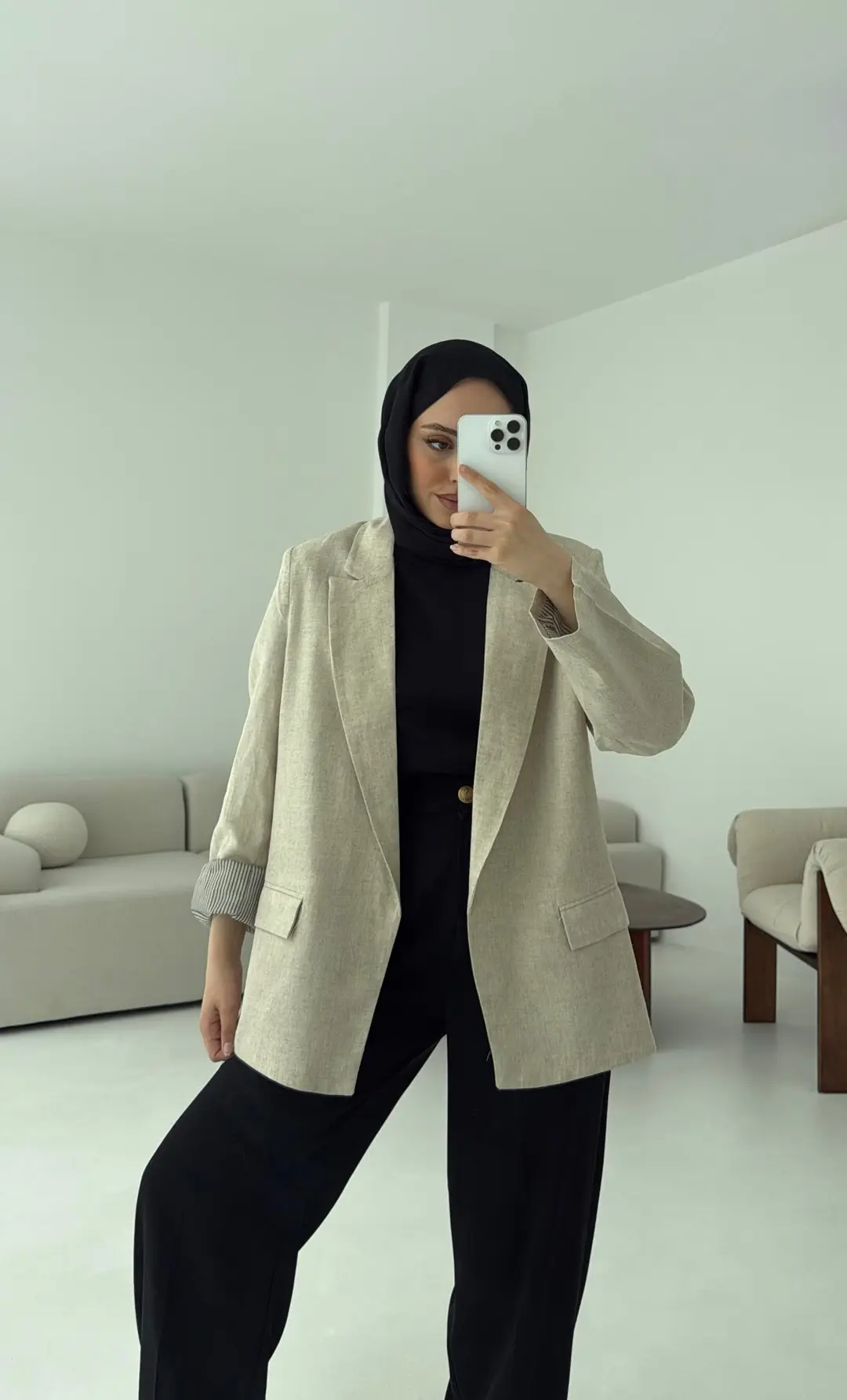 Keten Astarı Çizgili Blazer Ceket Natural - Görsel 4