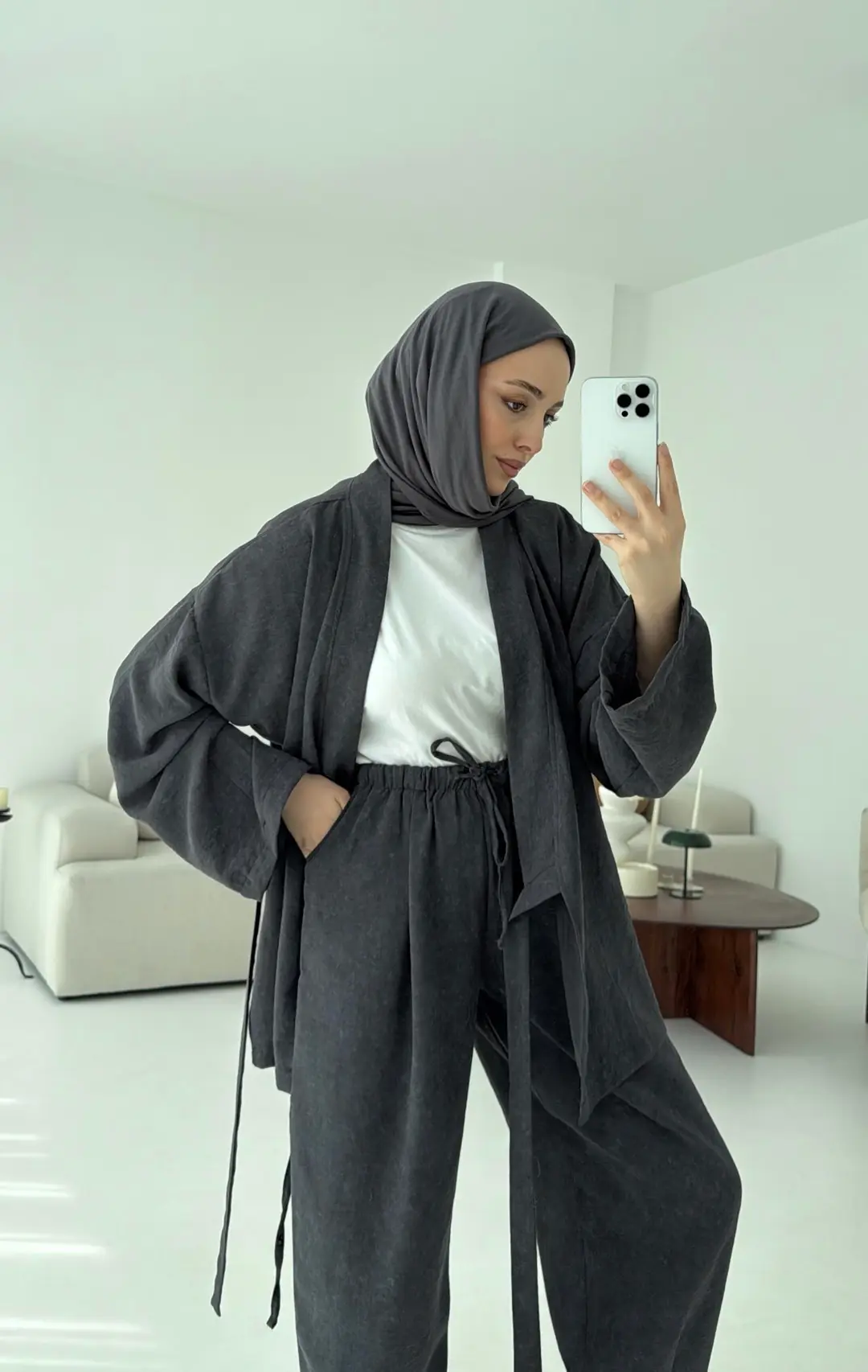 Keten Batik Bambu Kimono Antrasit - Görsel 3