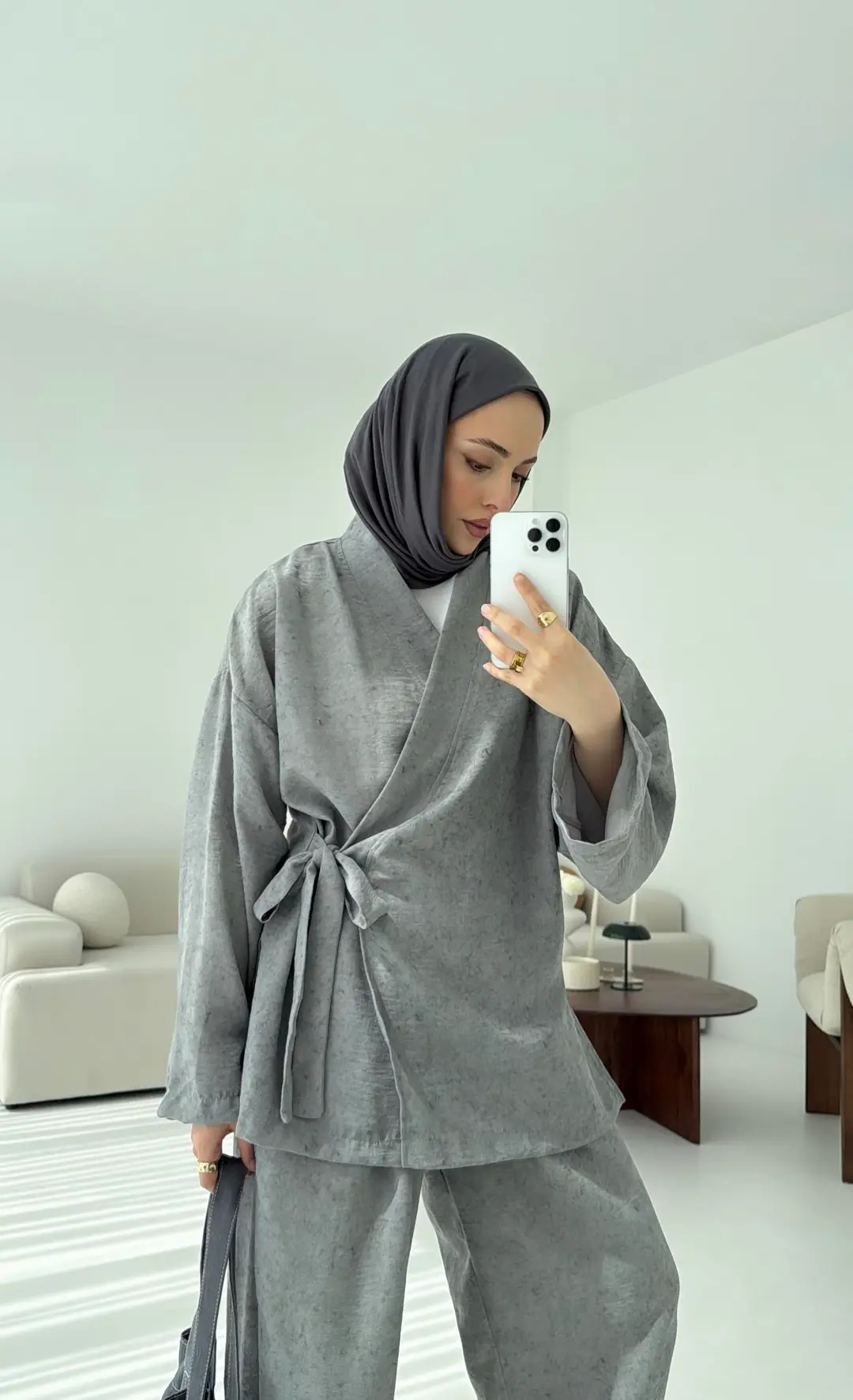 Keten Batik Bambu Kimono Gri - Görsel 3