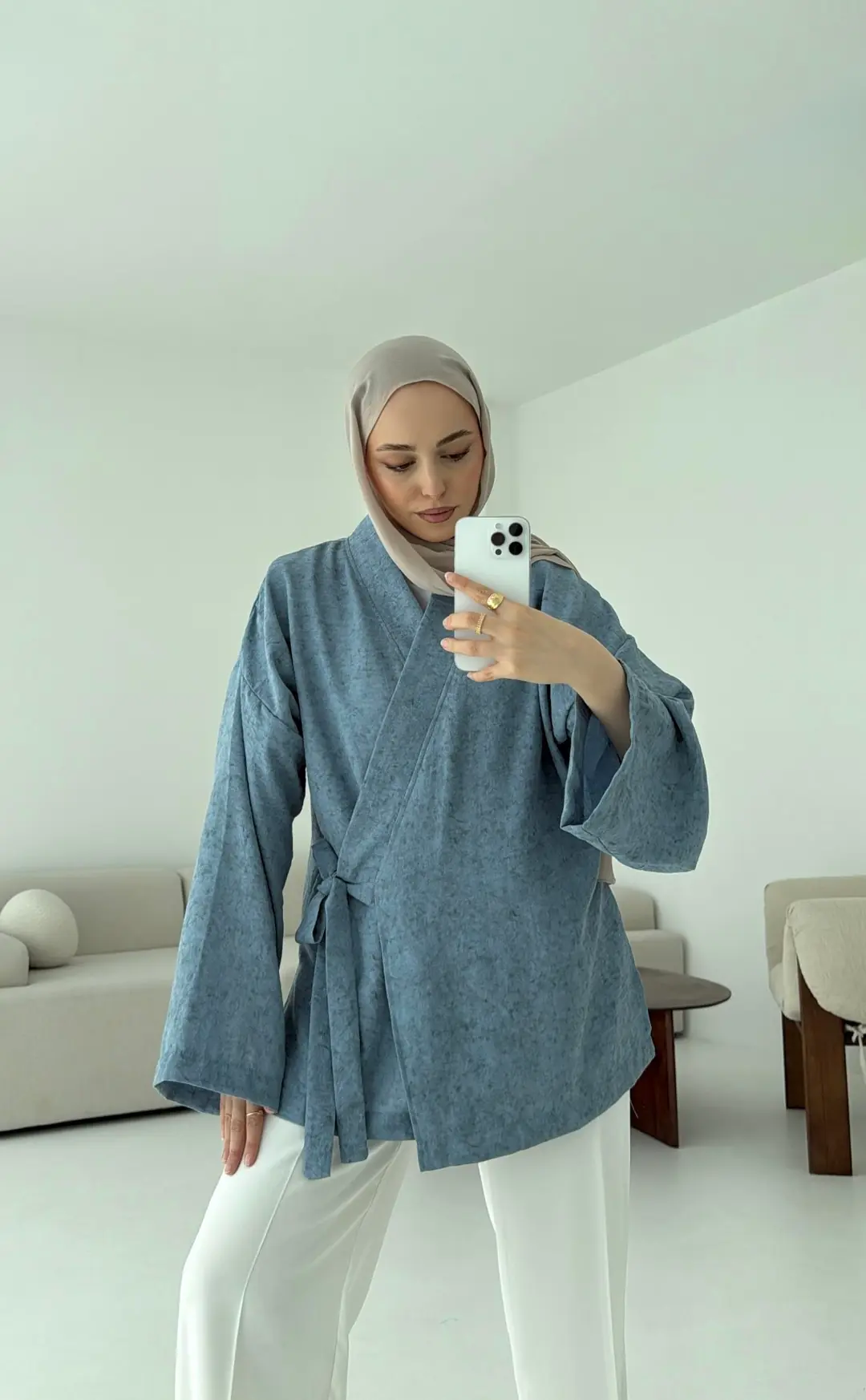 Keten Batik Bambu Kimono Mavi - Görsel 4