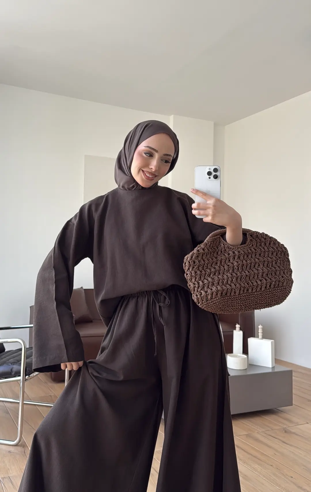 Keten Bol Paça Buluz Takım Kahve - Görsel 5