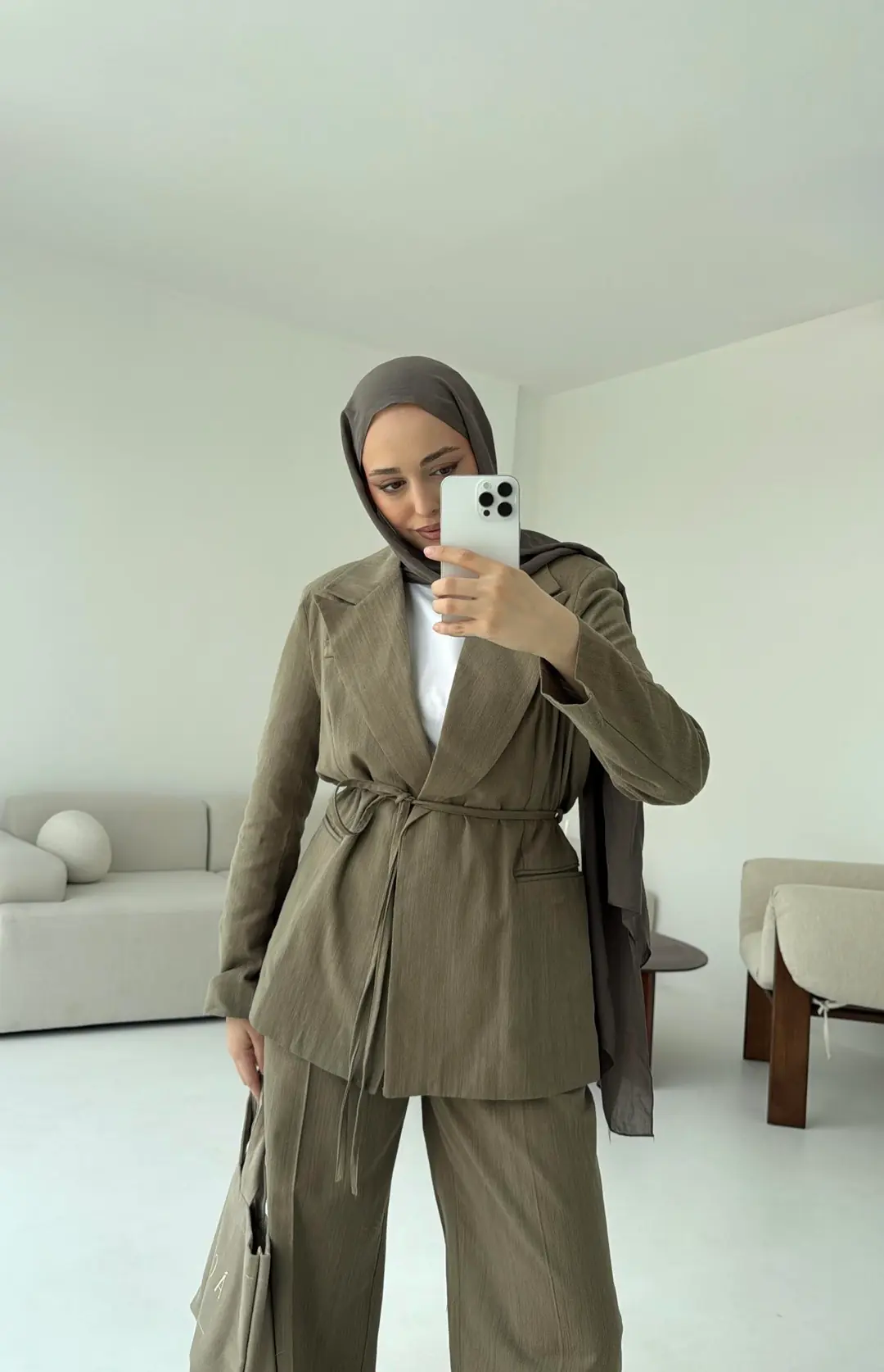 Bağlamalı Keten Ceketli Takım Haki - Görsel 2