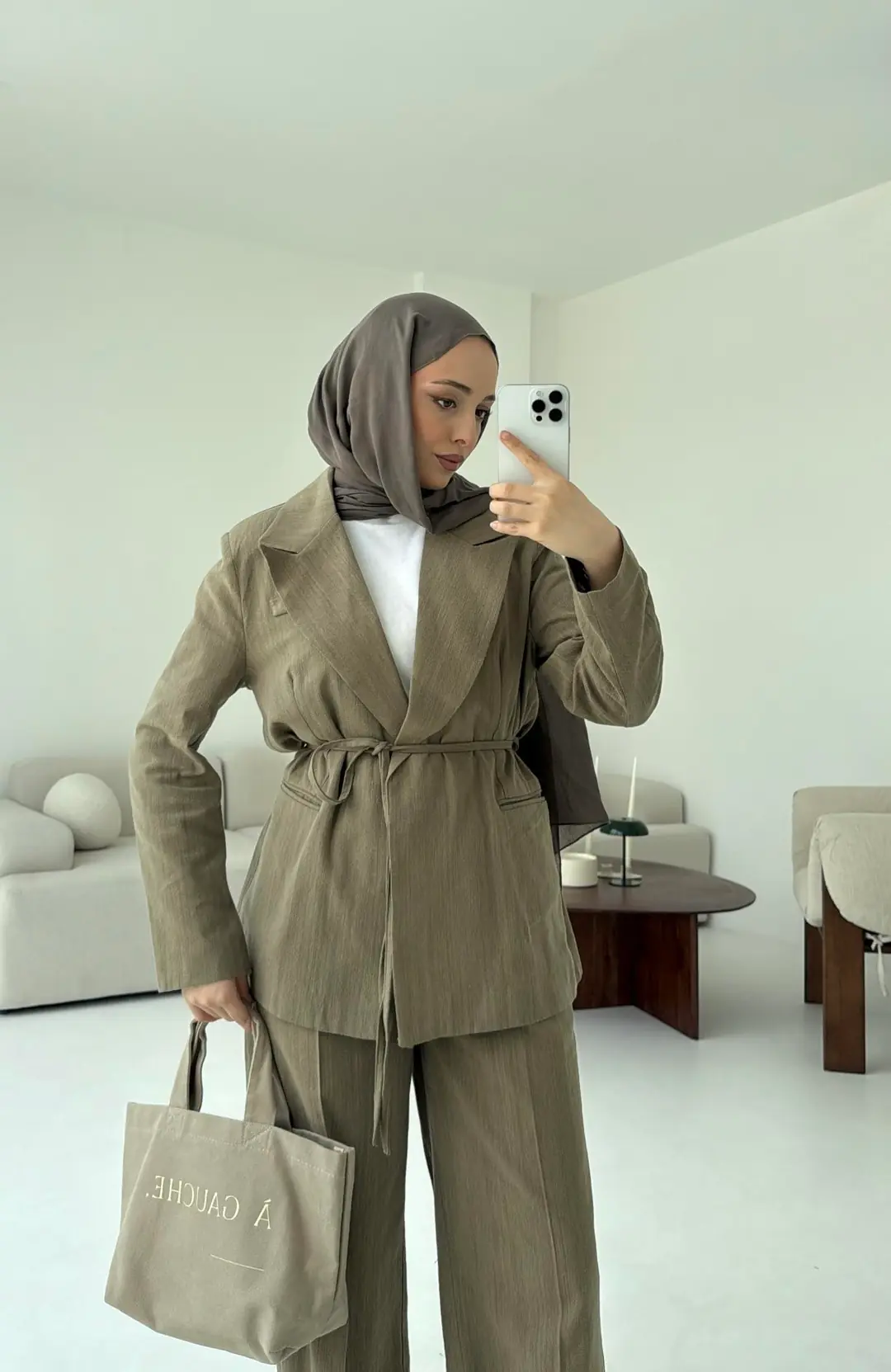 Bağlamalı Keten Ceketli Takım Haki - Görsel 4