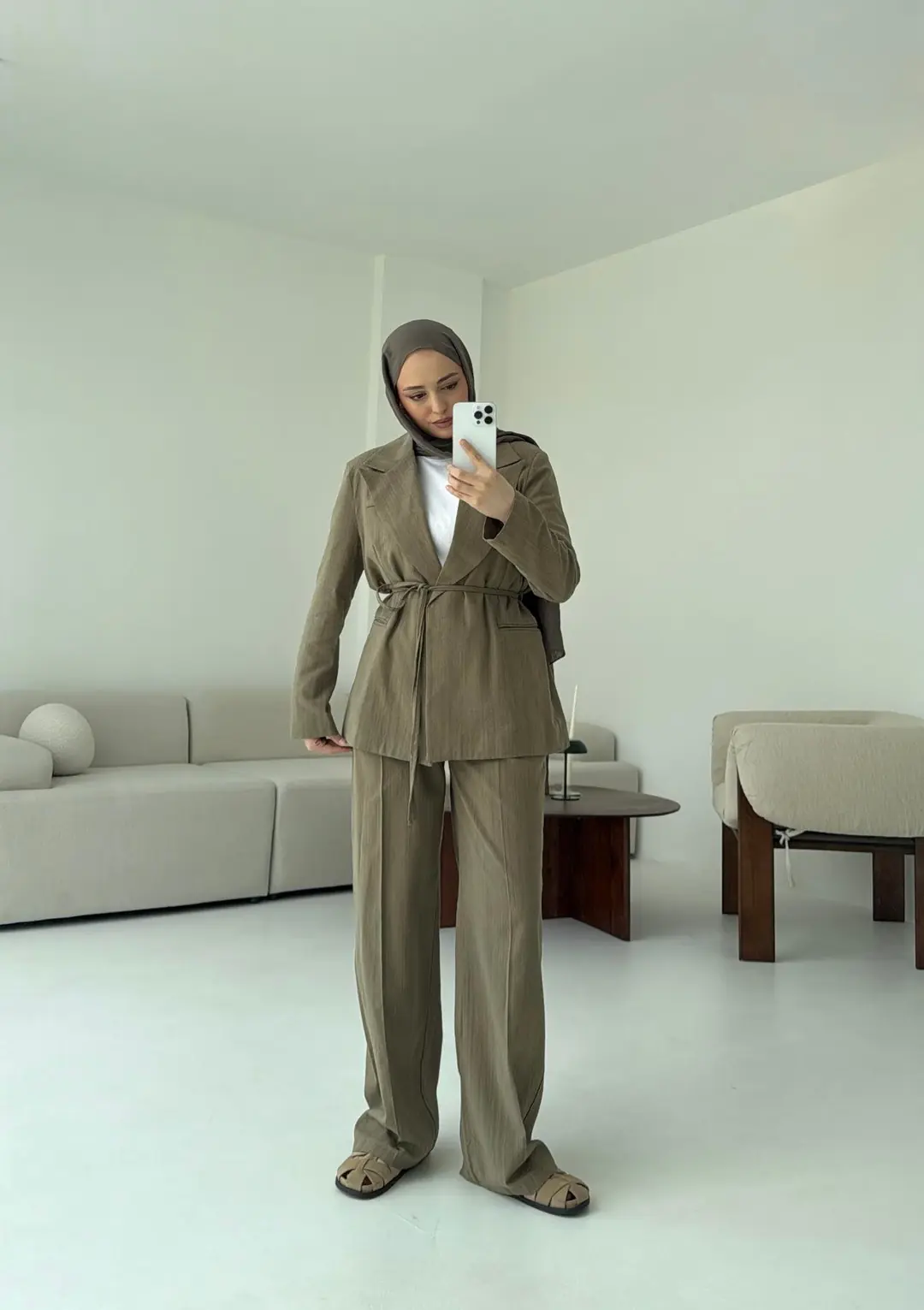 Bağlamalı Keten Ceketli Takım Haki - Görsel 5