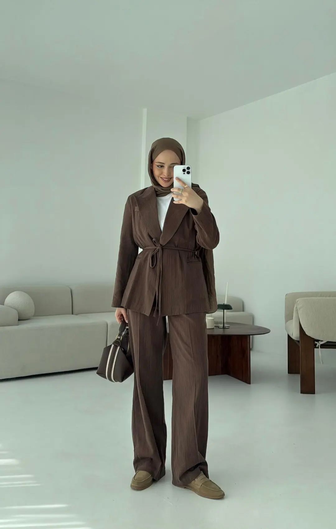 Bağlamalı Keten Ceketli Takım Kahve