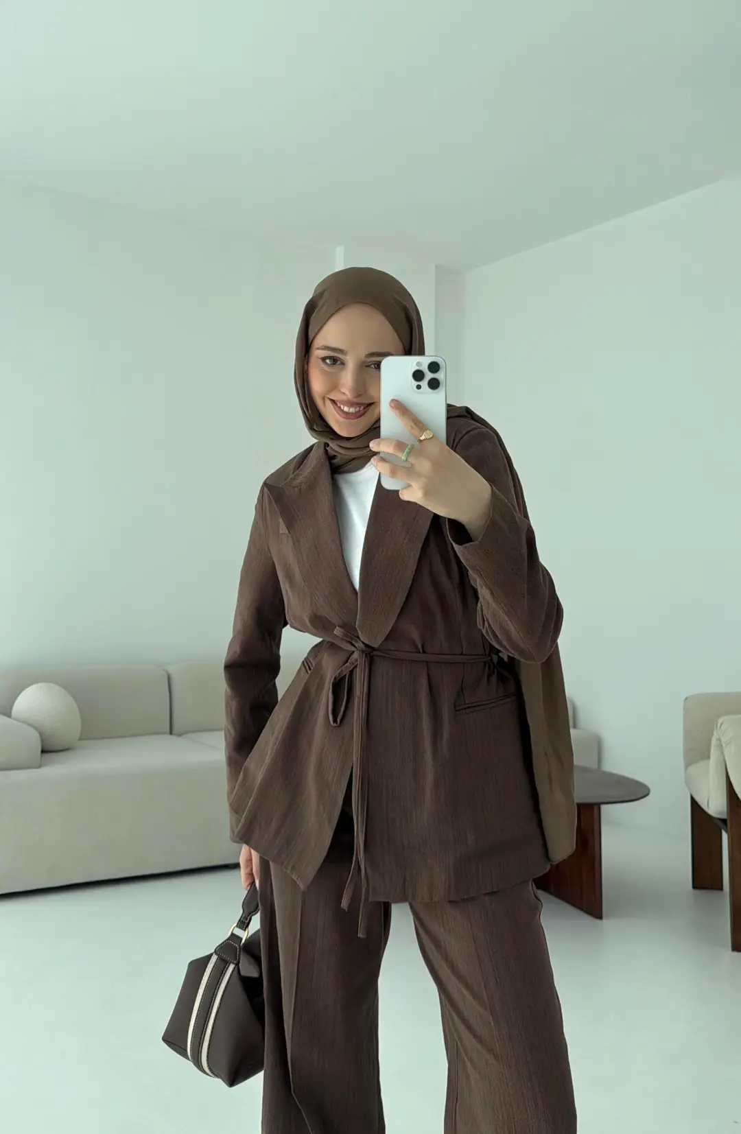 Bağlamalı Keten Ceketli Takım Kahve - Görsel 3