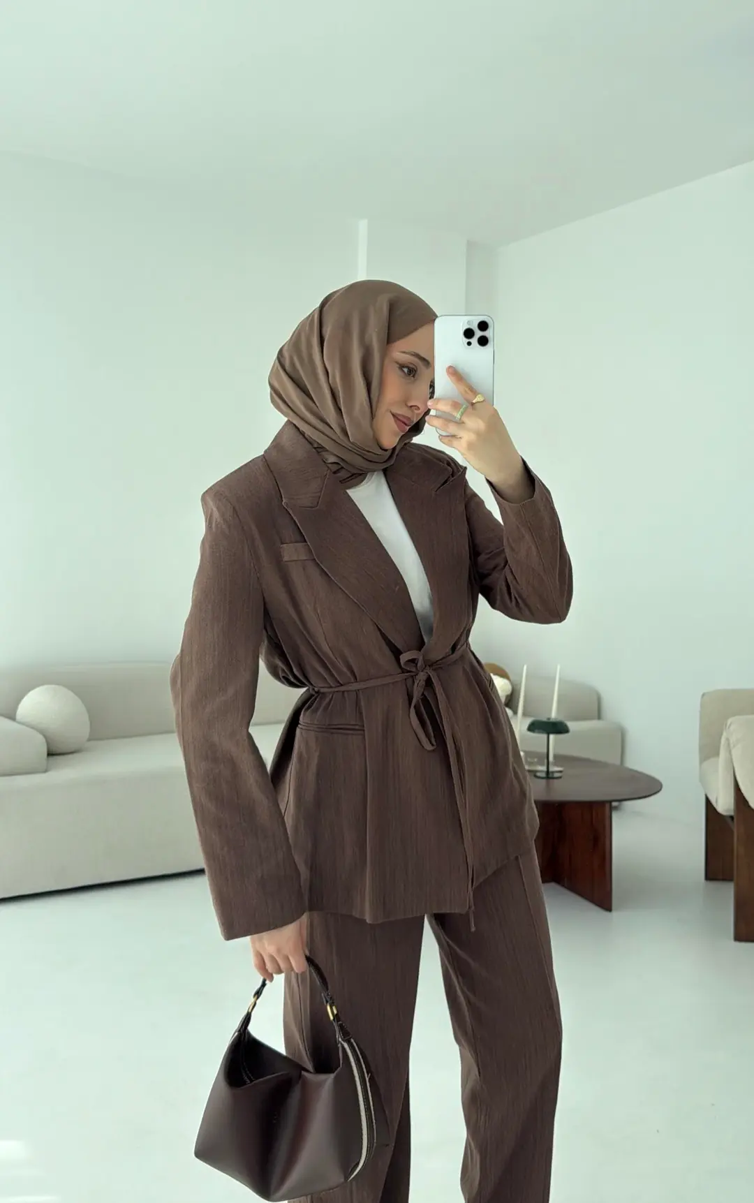 Bağlamalı Keten Ceketli Takım Kahve - Görsel 4