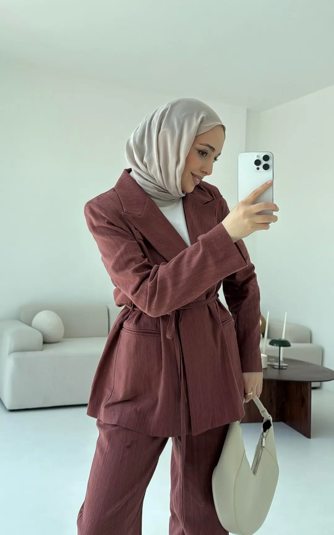 Bağlamalı Keten Ceketli Takım Kiremit