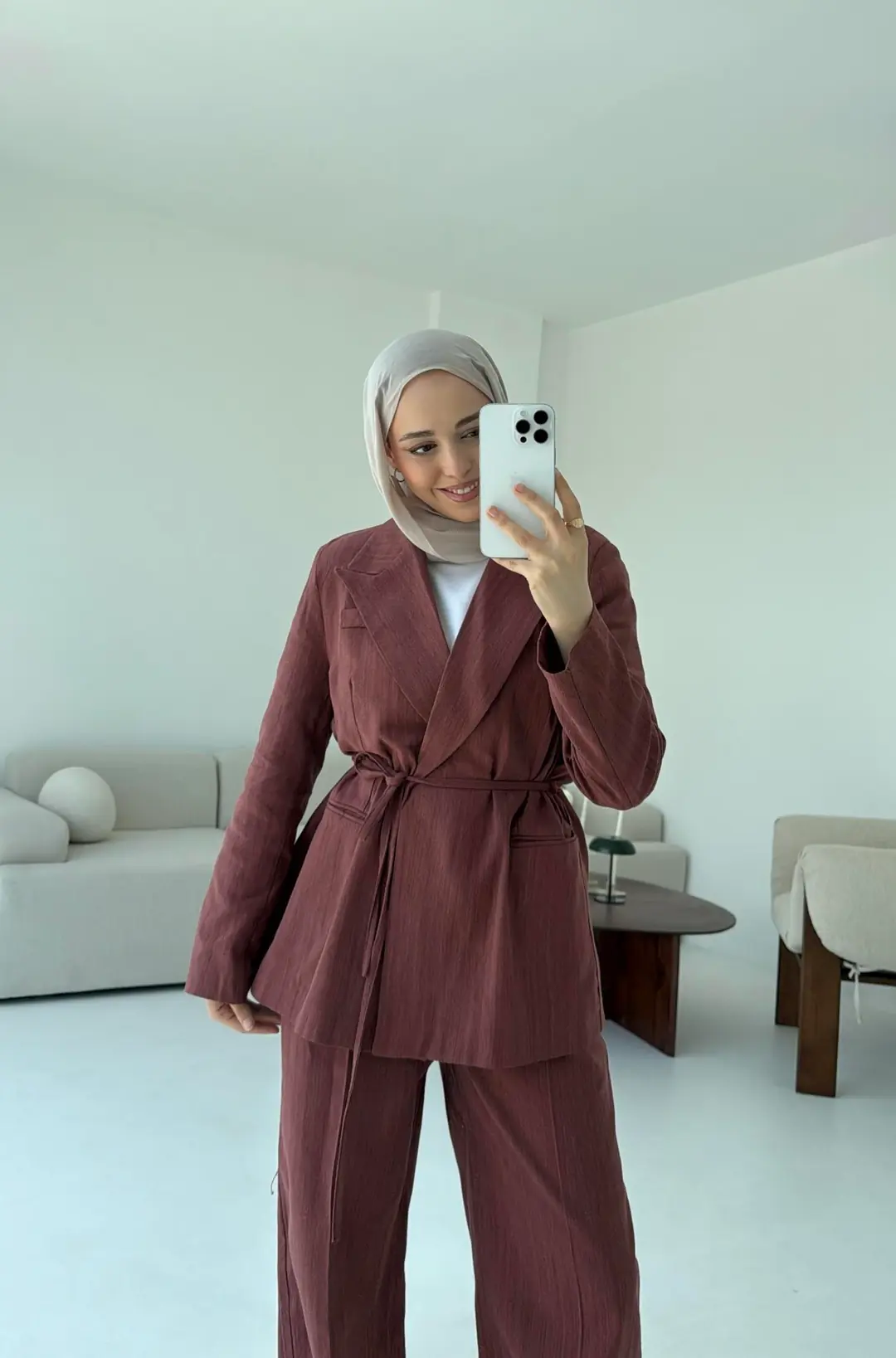 Bağlamalı Keten Ceketli Takım Kiremit - Görsel 6