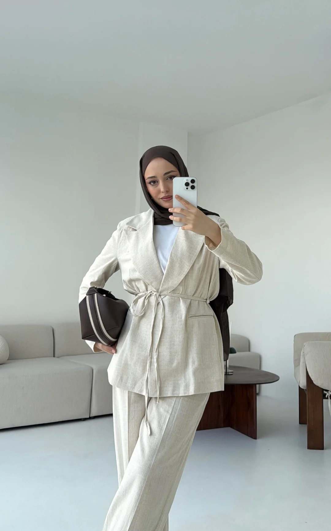 Bağlamalı Keten Ceketli Takım Natural - Görsel 2