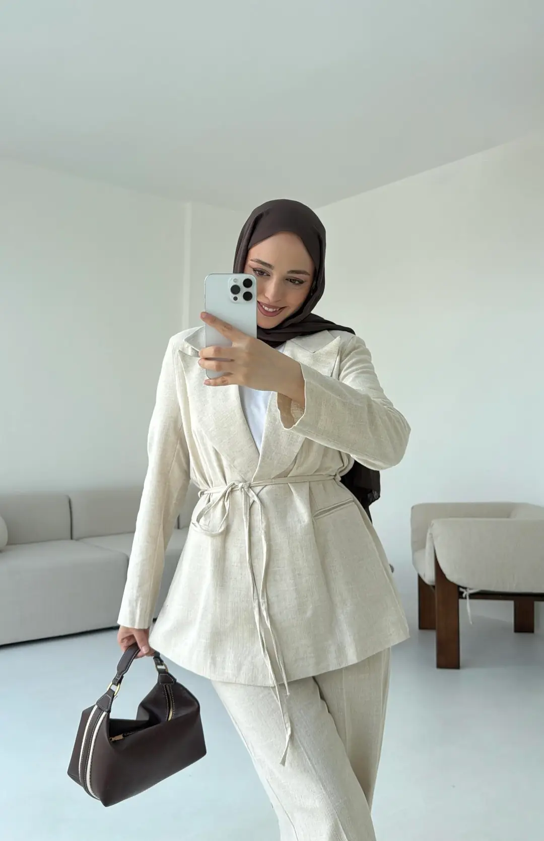 Bağlamalı Keten Ceketli Takım Natural - Görsel 6