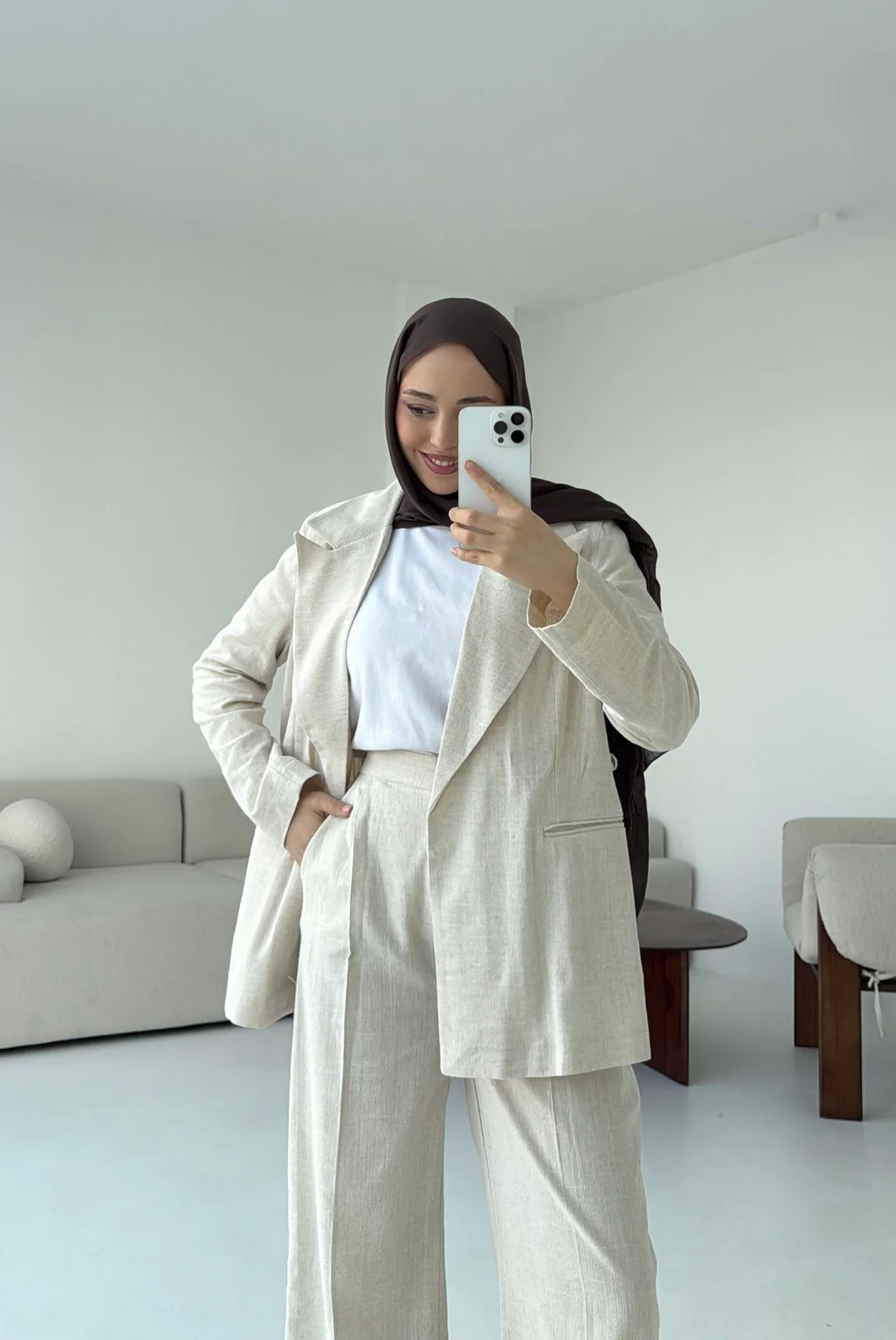 Bağlamalı Keten Ceketli Takım Natural - Görsel 7