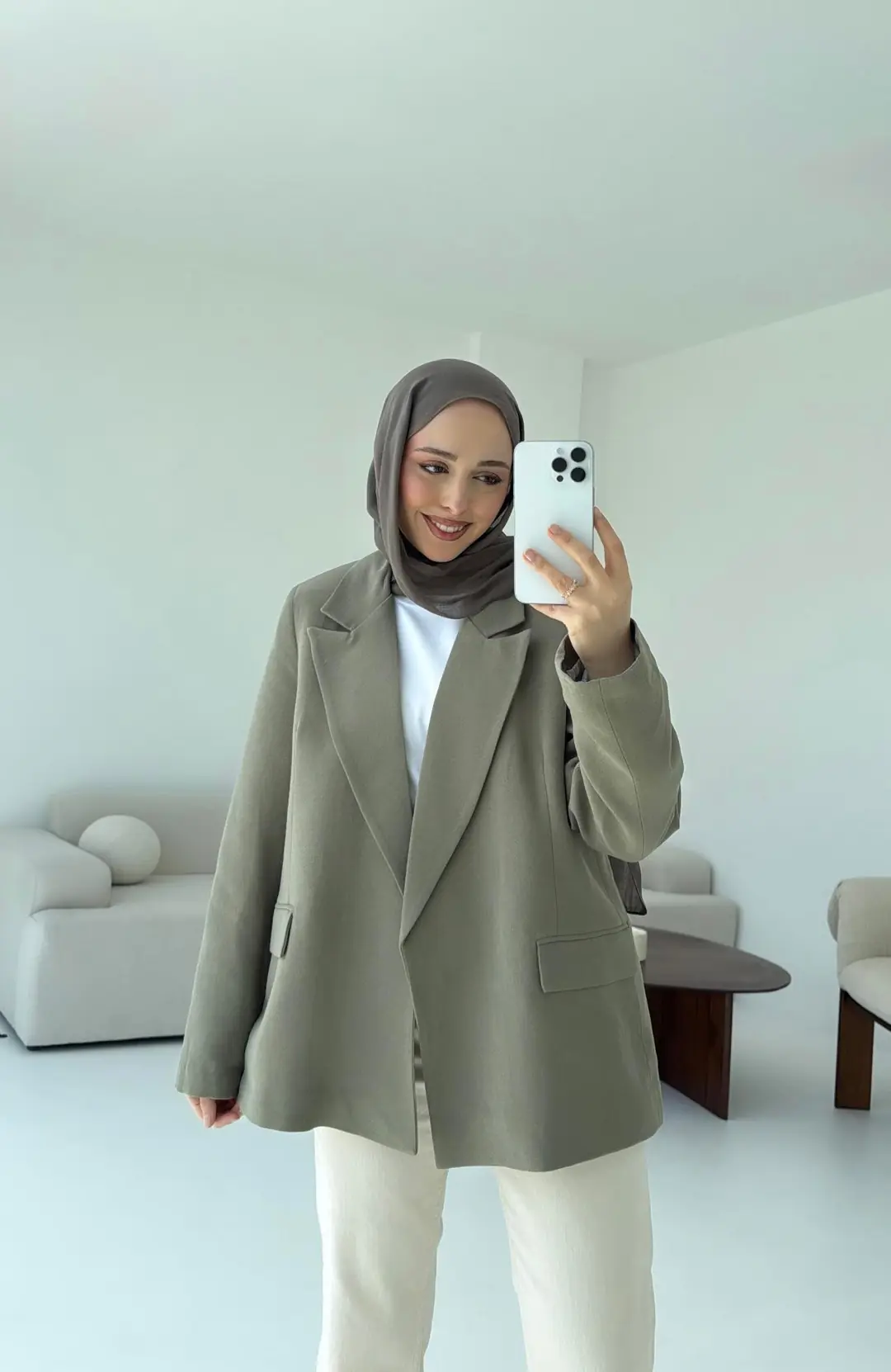 Keten Kolu Katlamalı Haki Blazer Ceket - Görsel 4