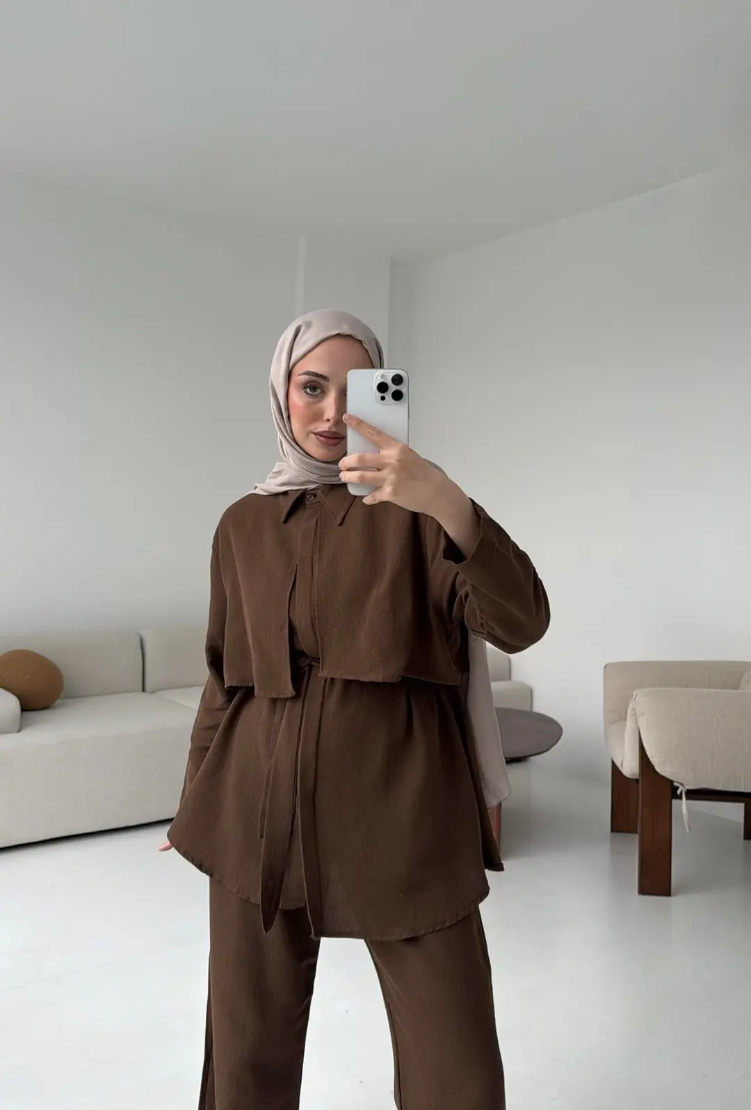 Keten Pelerinli Takım Kahve - Görsel 5