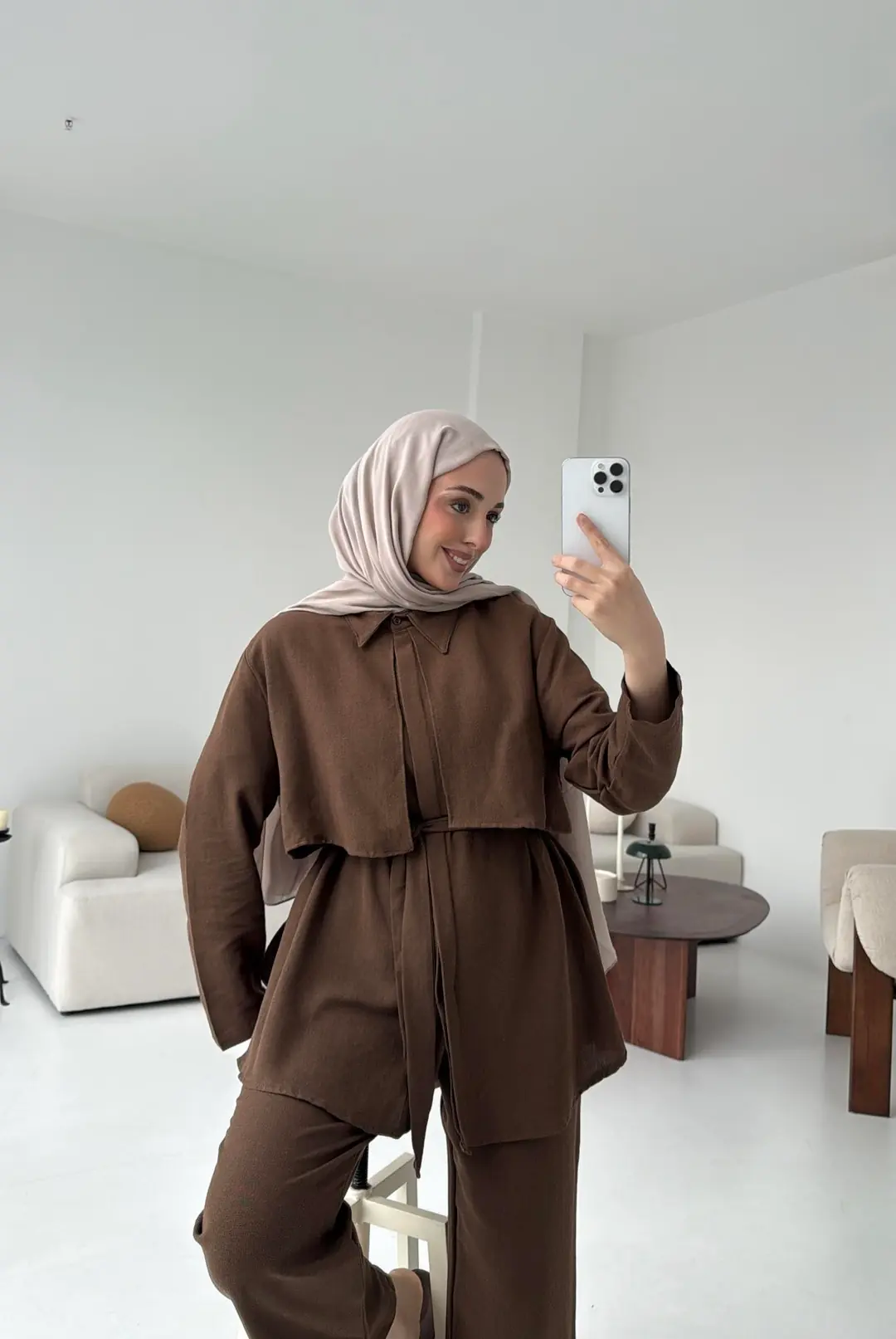 Keten Pelerinli Takım Kahve - Görsel 6