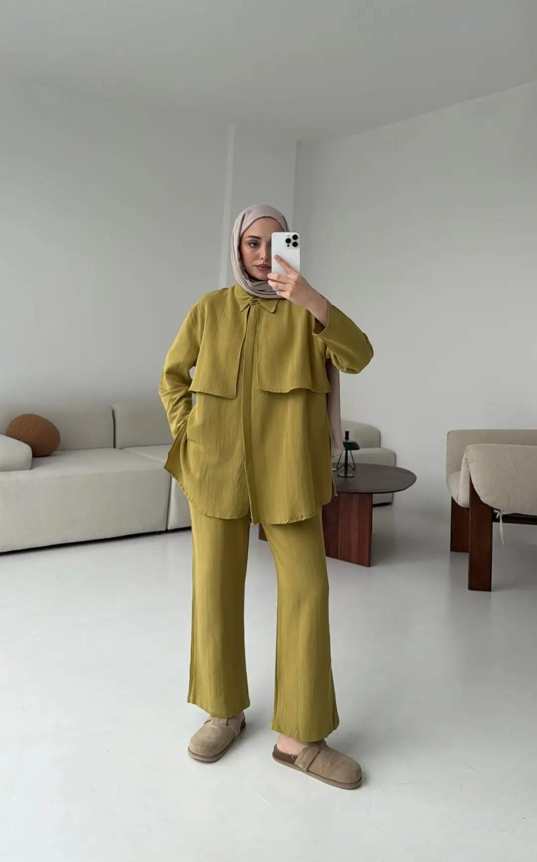 Keten Pelerinli Takım Olive - Görsel 5