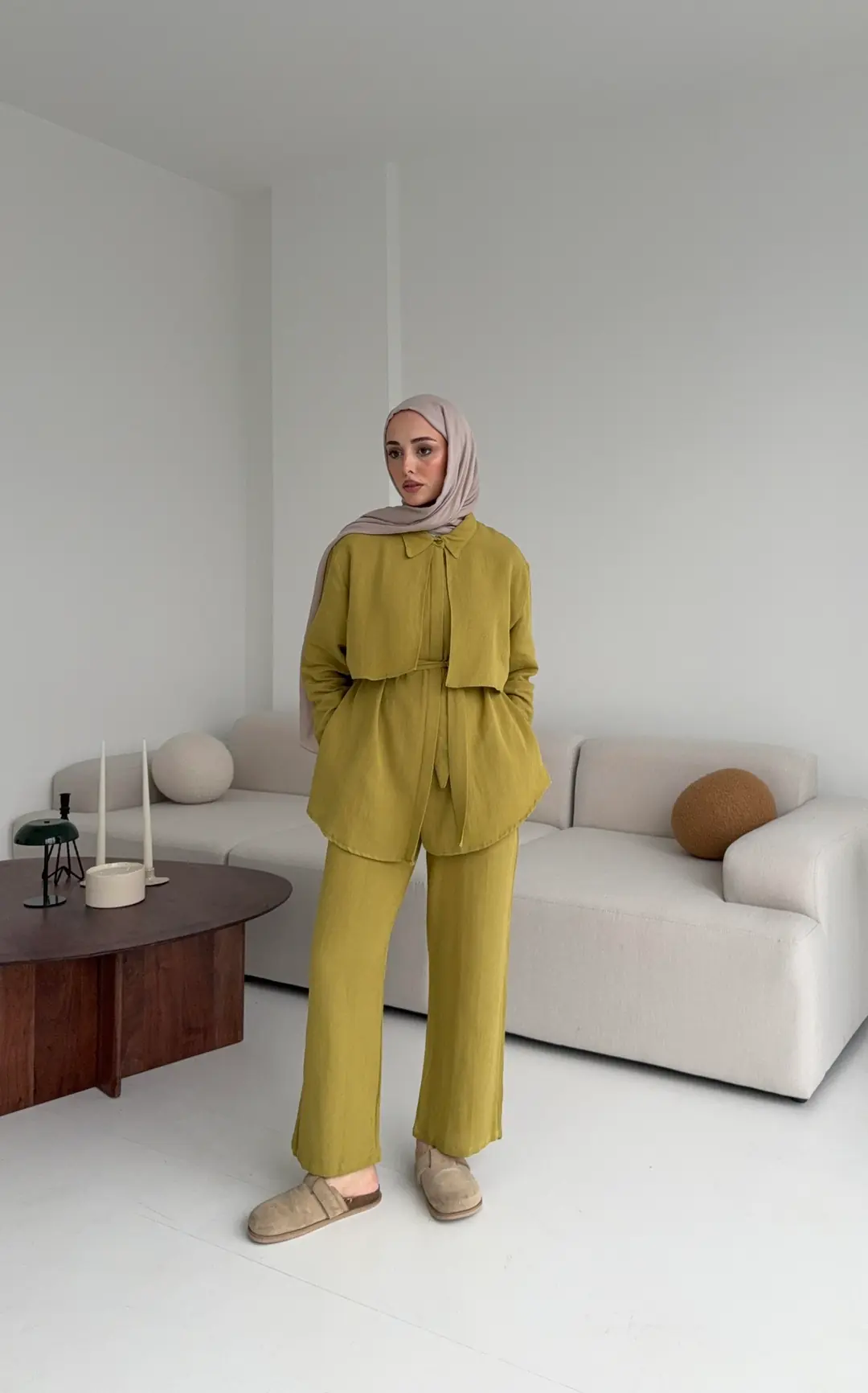 Keten Pelerinli Takım Olive - Görsel 8