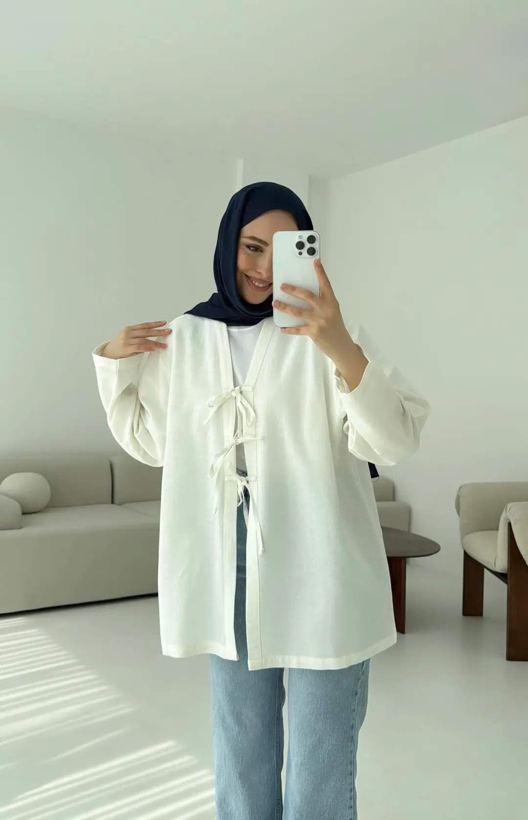 Keten Üç Bağlamalı Kimono Beyaz - Görsel 2