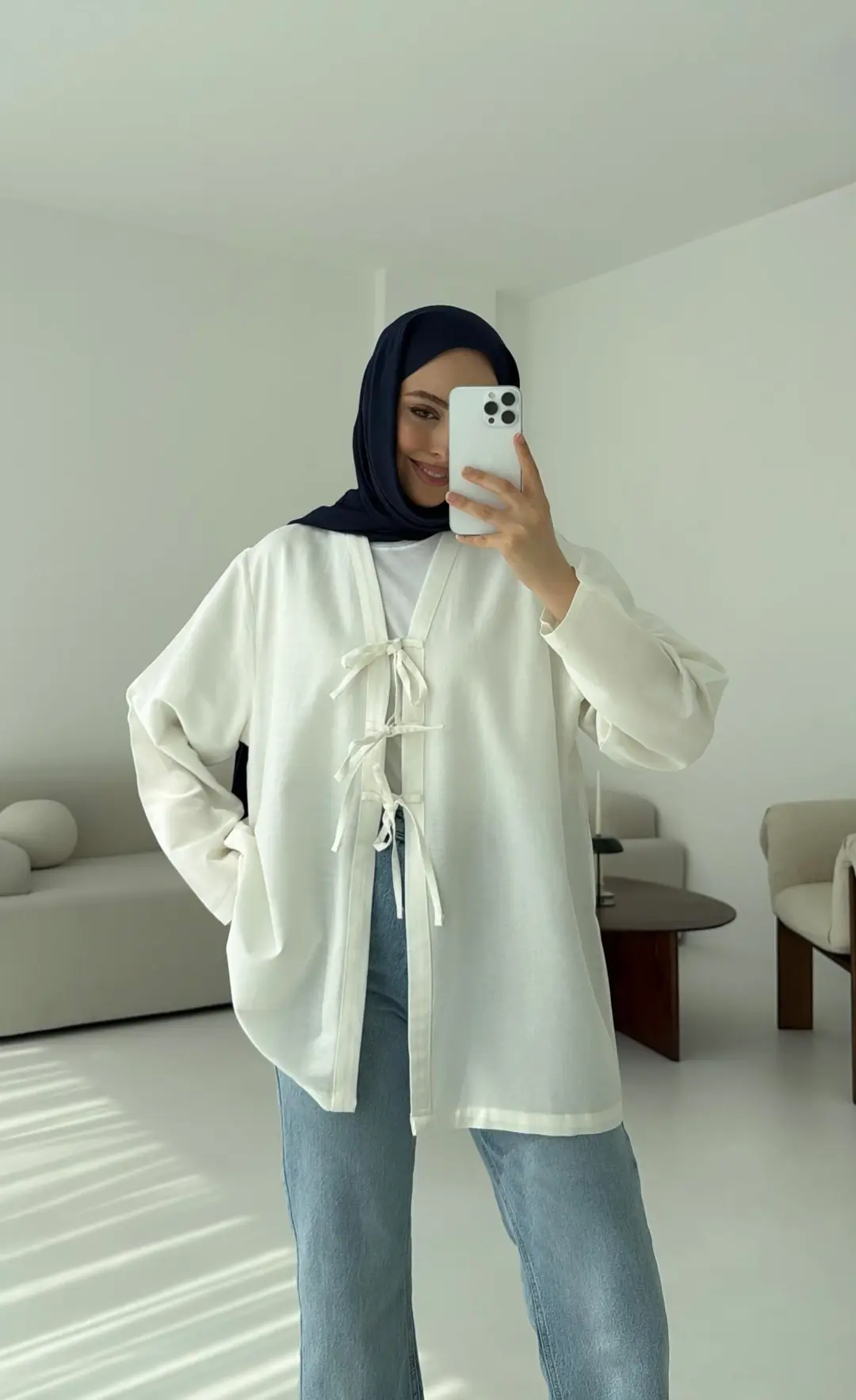 Keten Üç Bağlamalı Kimono Beyaz - Görsel 3