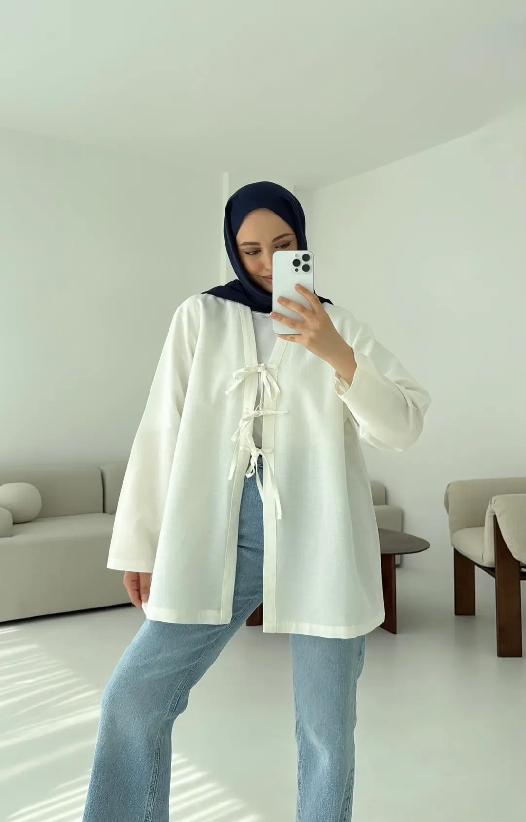 Keten Üç Bağlamalı Kimono Beyaz - Görsel 4