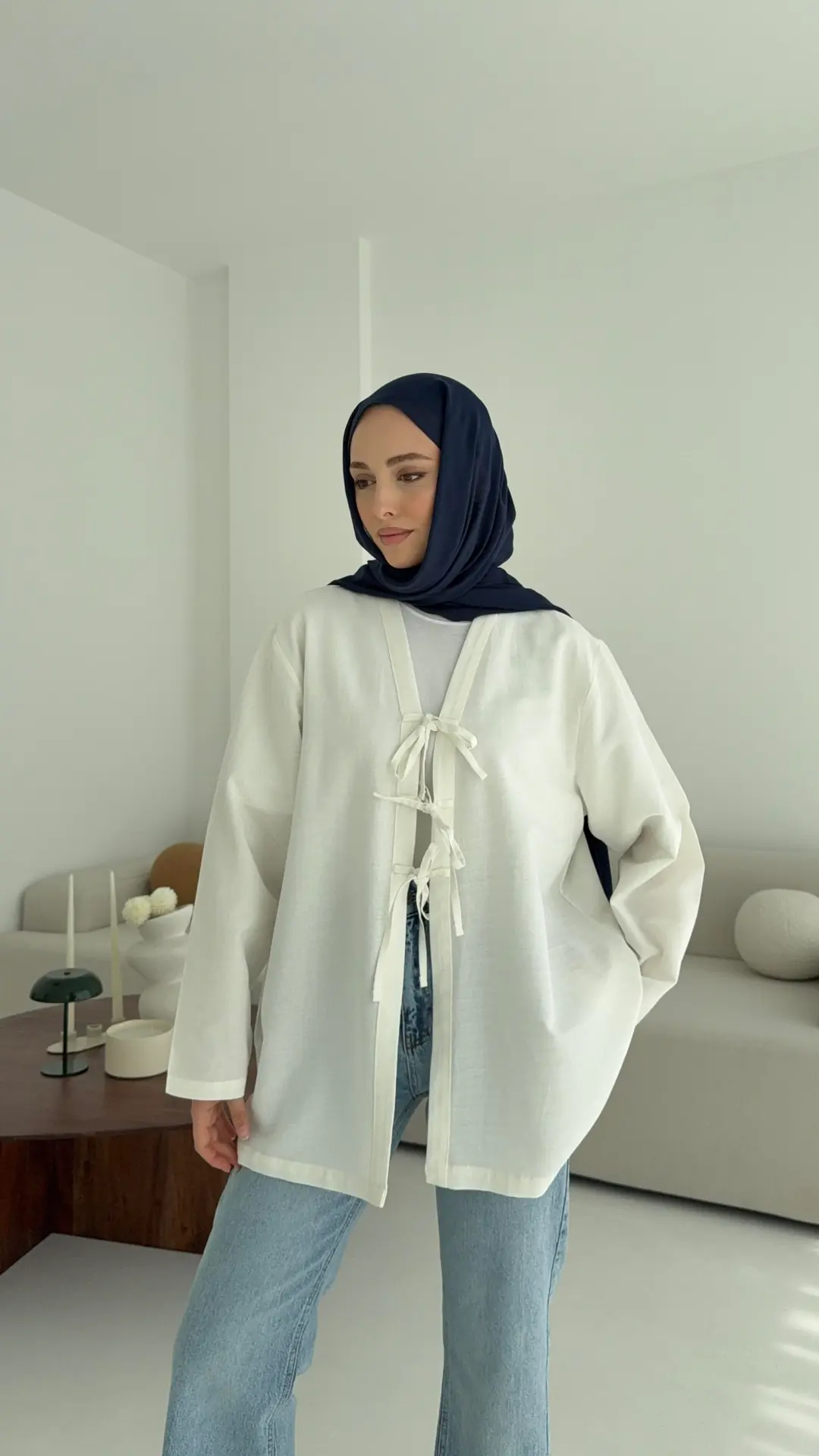 Keten Üç Bağlamalı Kimono Beyaz - Görsel 5