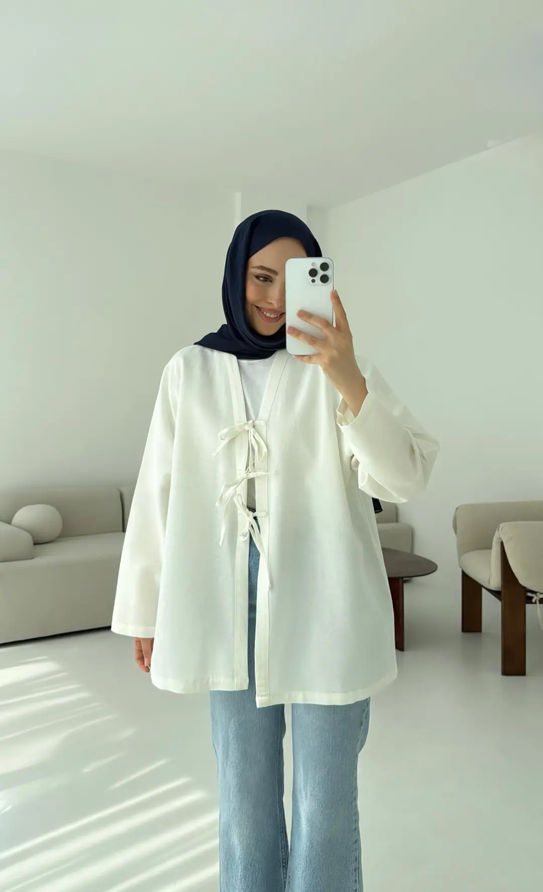 Keten Üç Bağlamalı Kimono Beyaz - Görsel 6