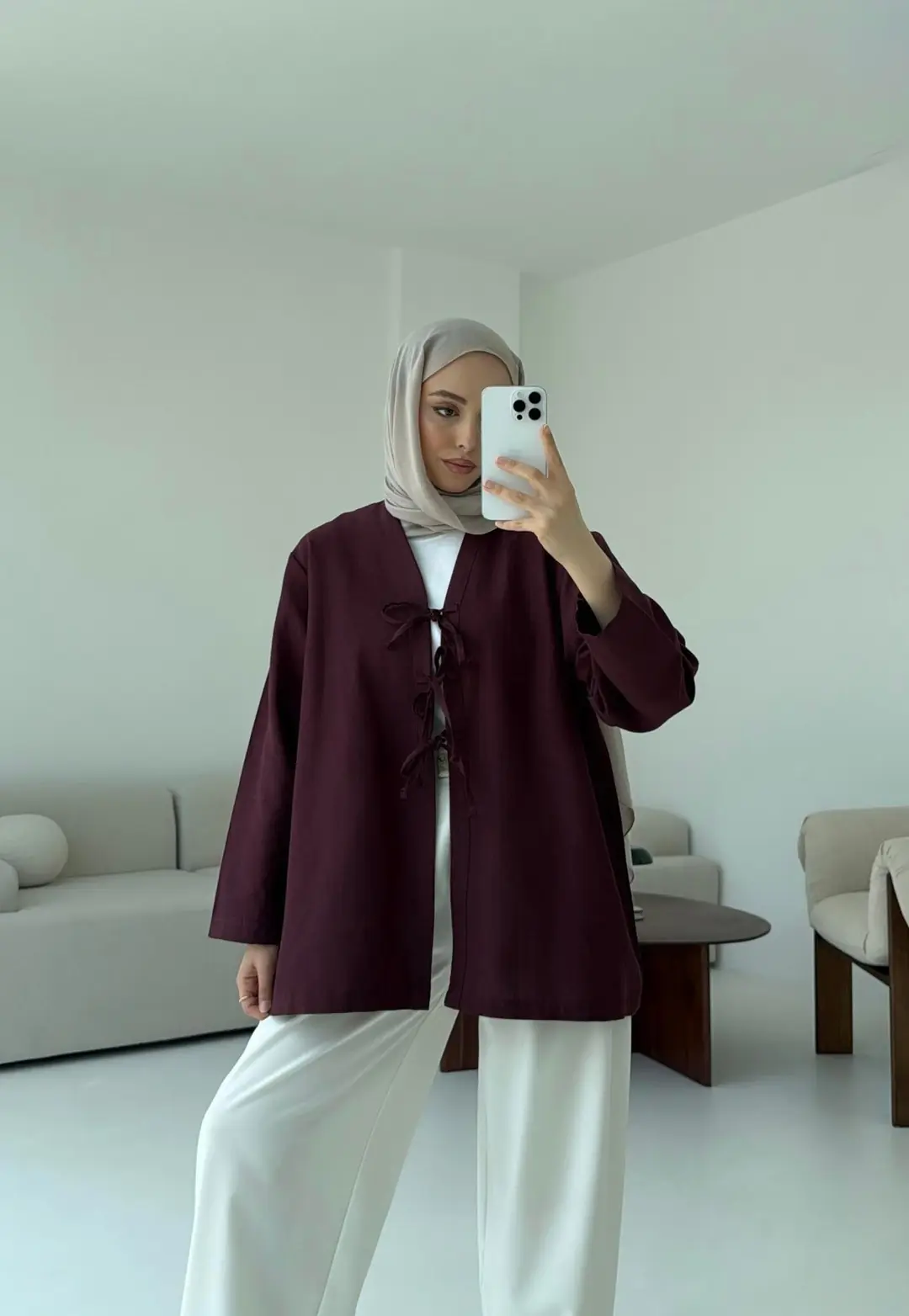 Keten Üç Bağlamalı Kimono Bordo