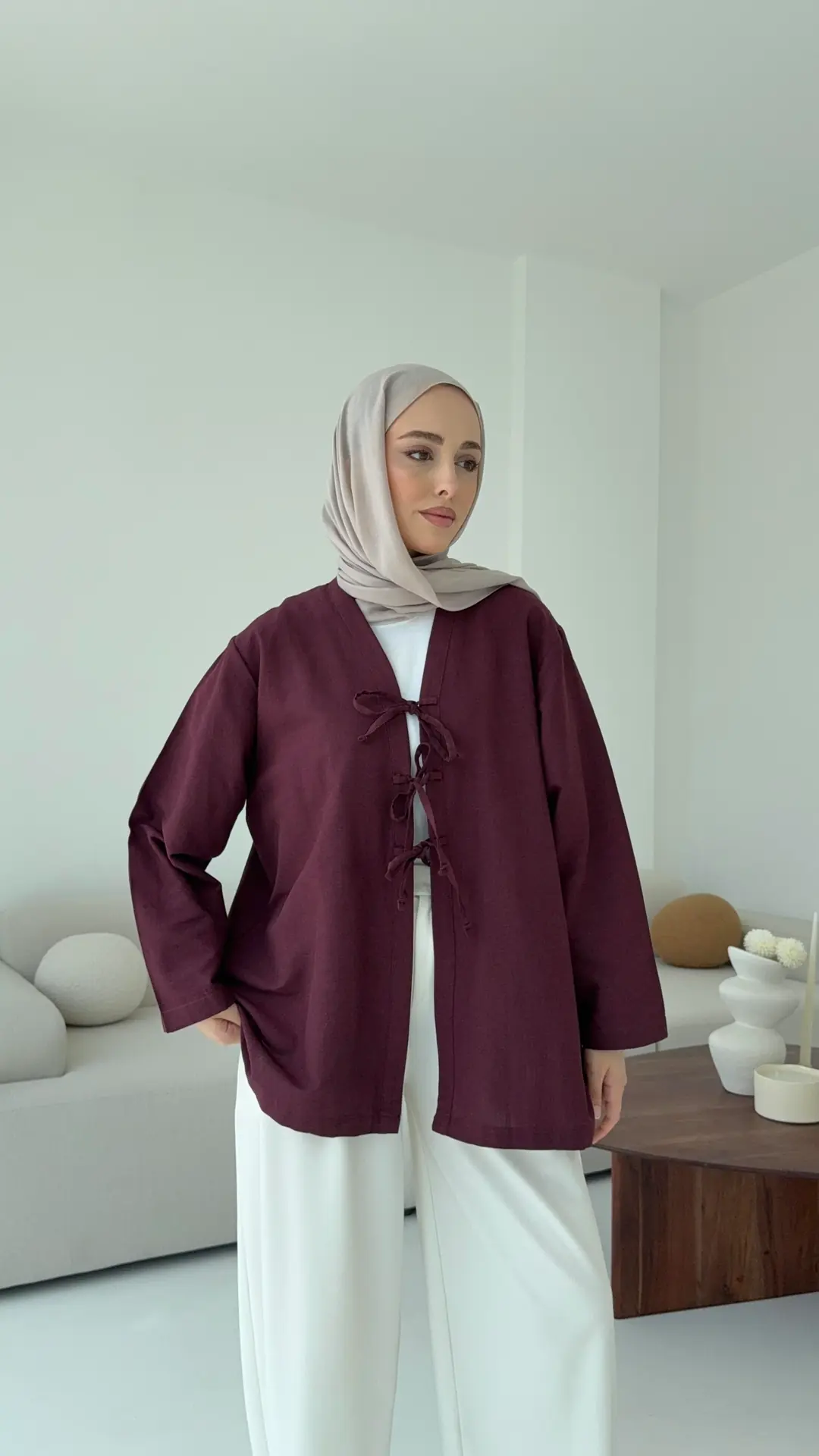 Keten Üç Bağlamalı Kimono Bordo - Görsel 2