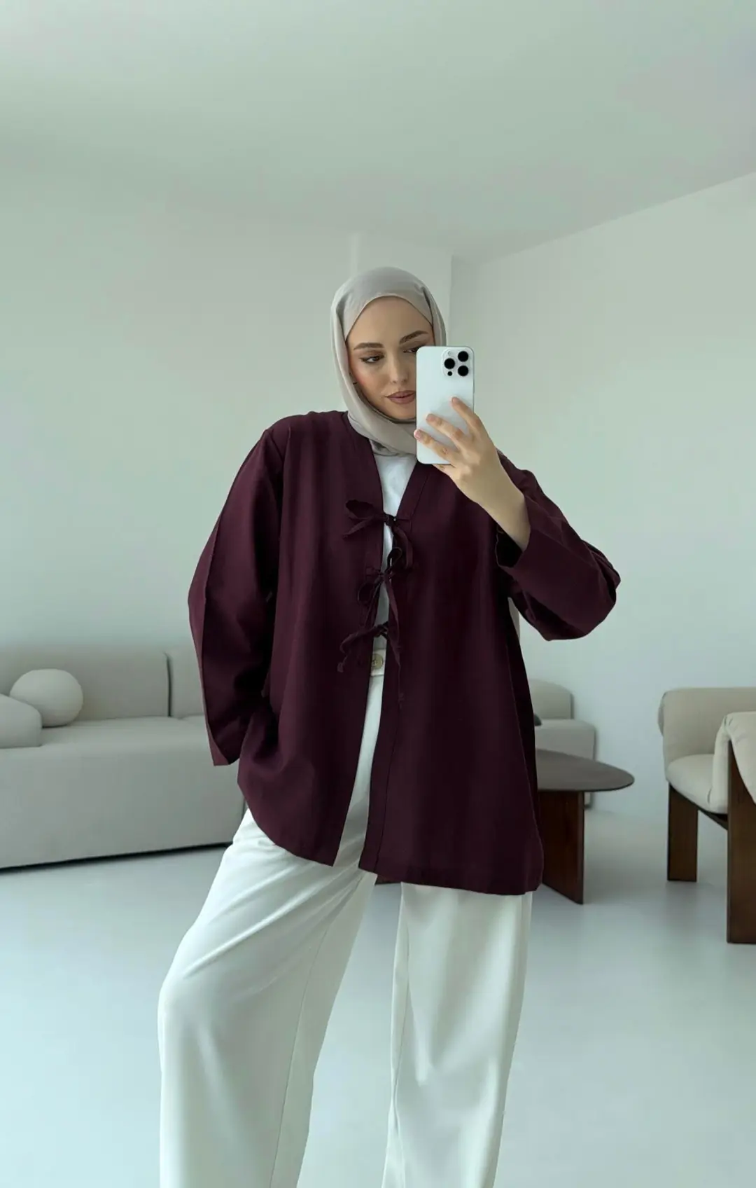 Keten Üç Bağlamalı Kimono Bordo - Görsel 6