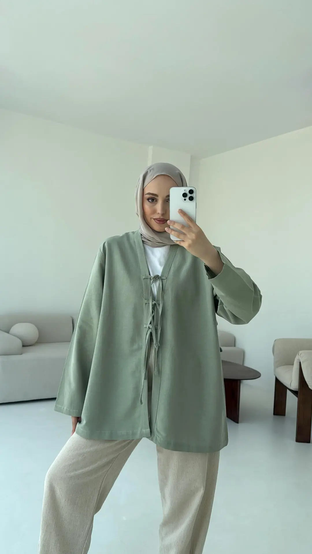 Keten Üç Bağlamalı Kimono Çağla - Görsel 10