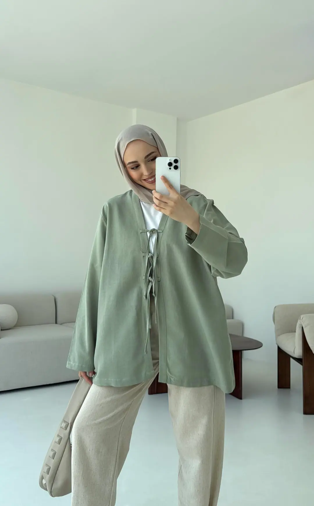 Keten Üç Bağlamalı Kimono Çağla - Görsel 2