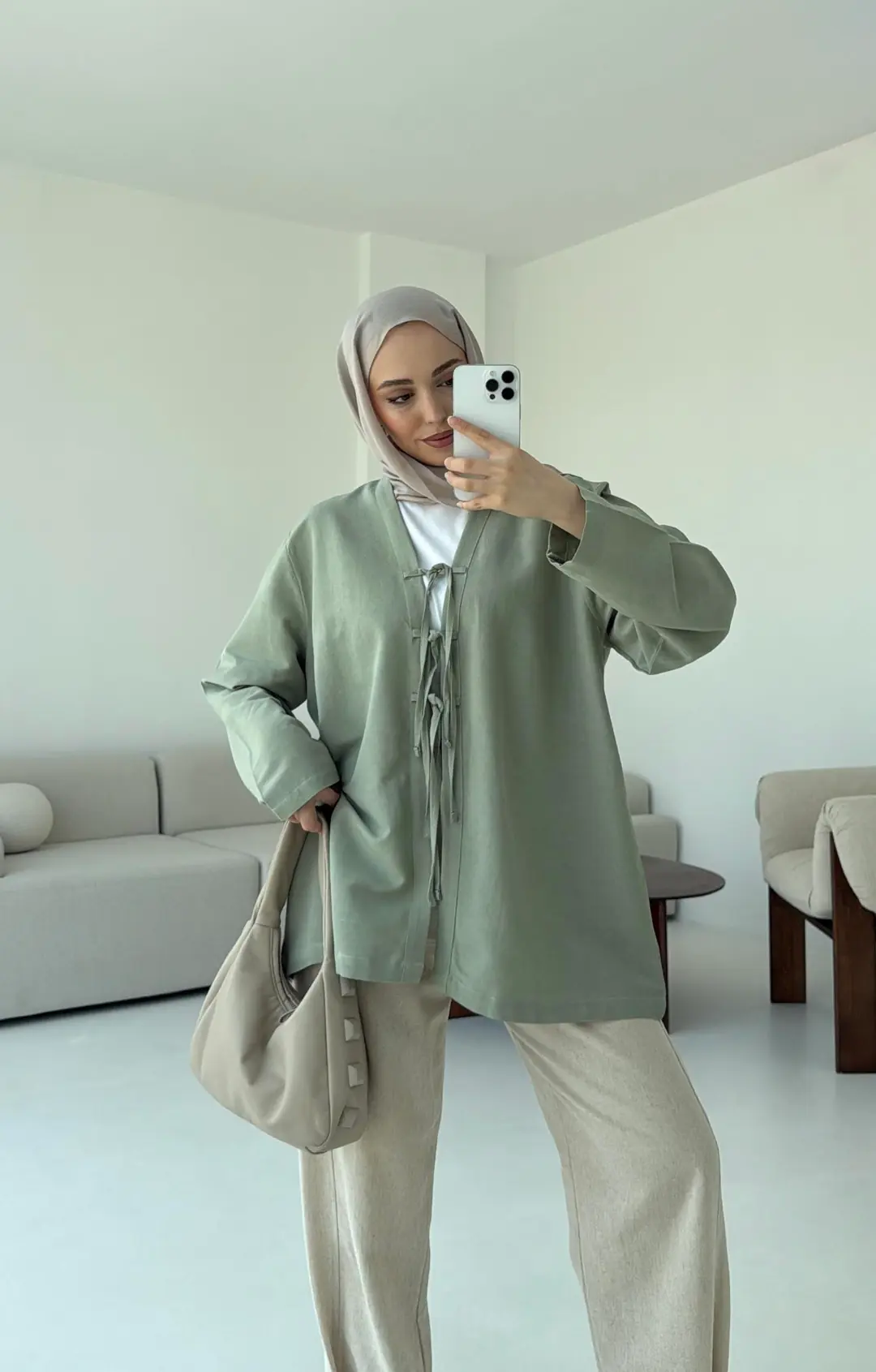 Keten Üç Bağlamalı Kimono Çağla - Görsel 3