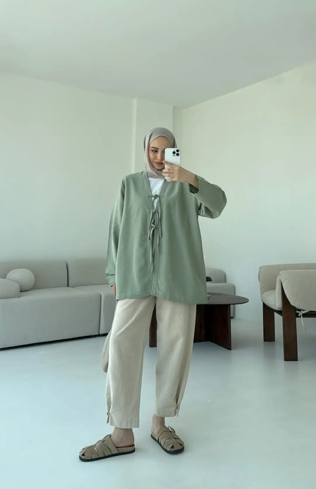 Keten Üç Bağlamalı Kimono Çağla - Görsel 4