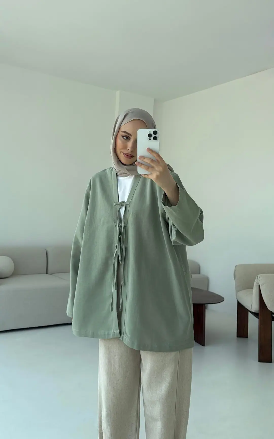 Keten Üç Bağlamalı Kimono Çağla - Görsel 5