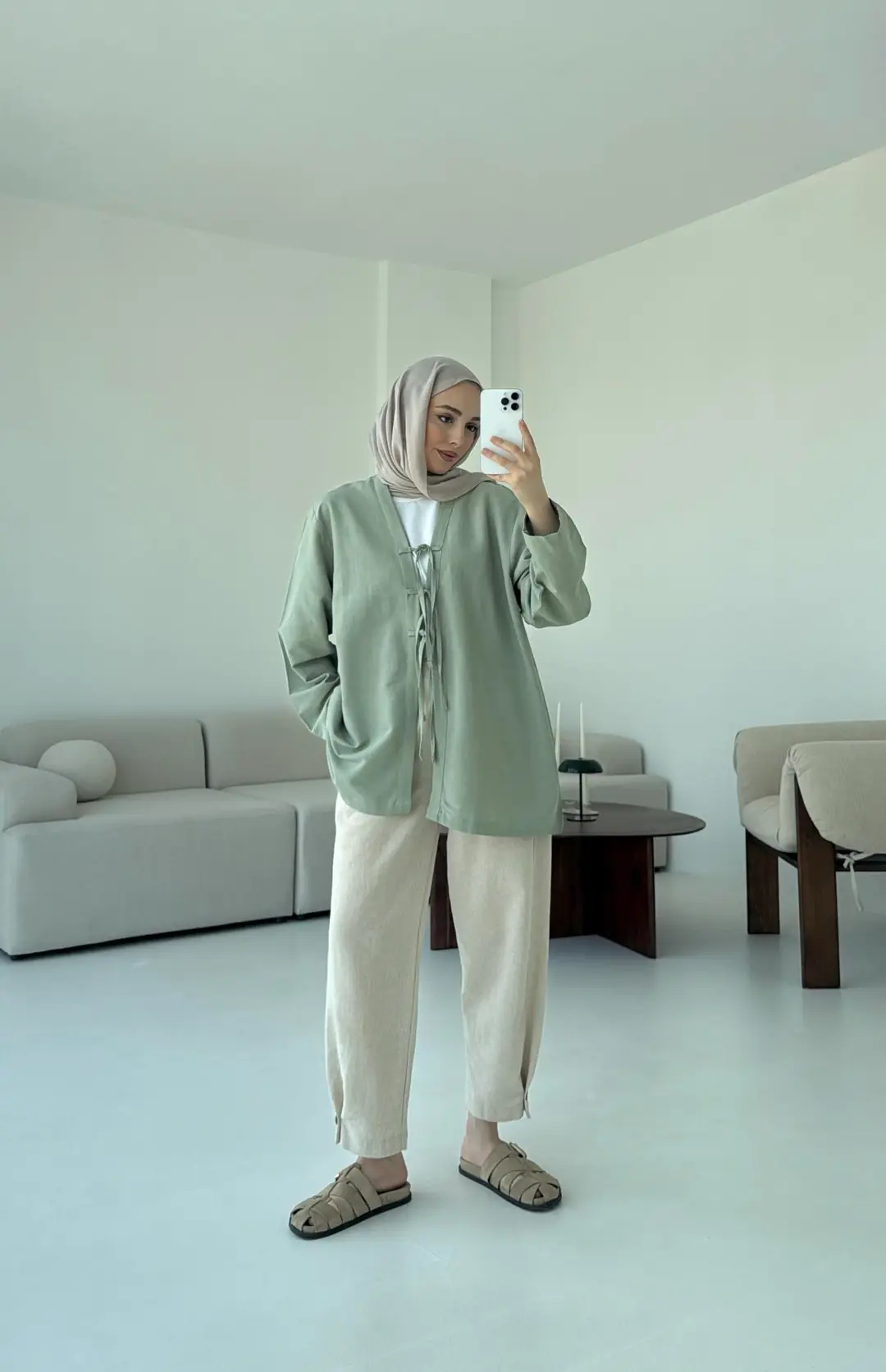 Keten Üç Bağlamalı Kimono Çağla - Görsel 6