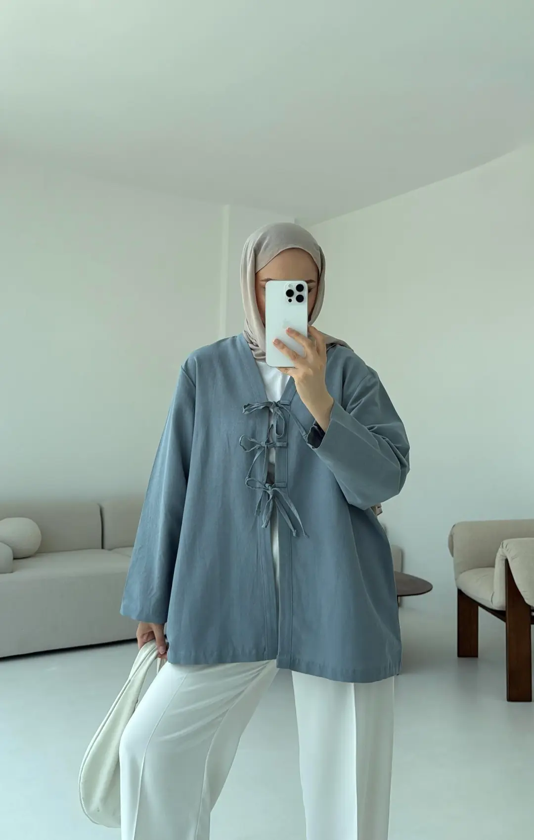 Keten Üç Bağlamalı Kimono Mavi - Görsel 2