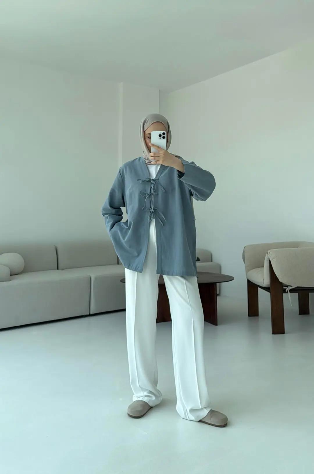 Keten Üç Bağlamalı Kimono Mavi - Görsel 4