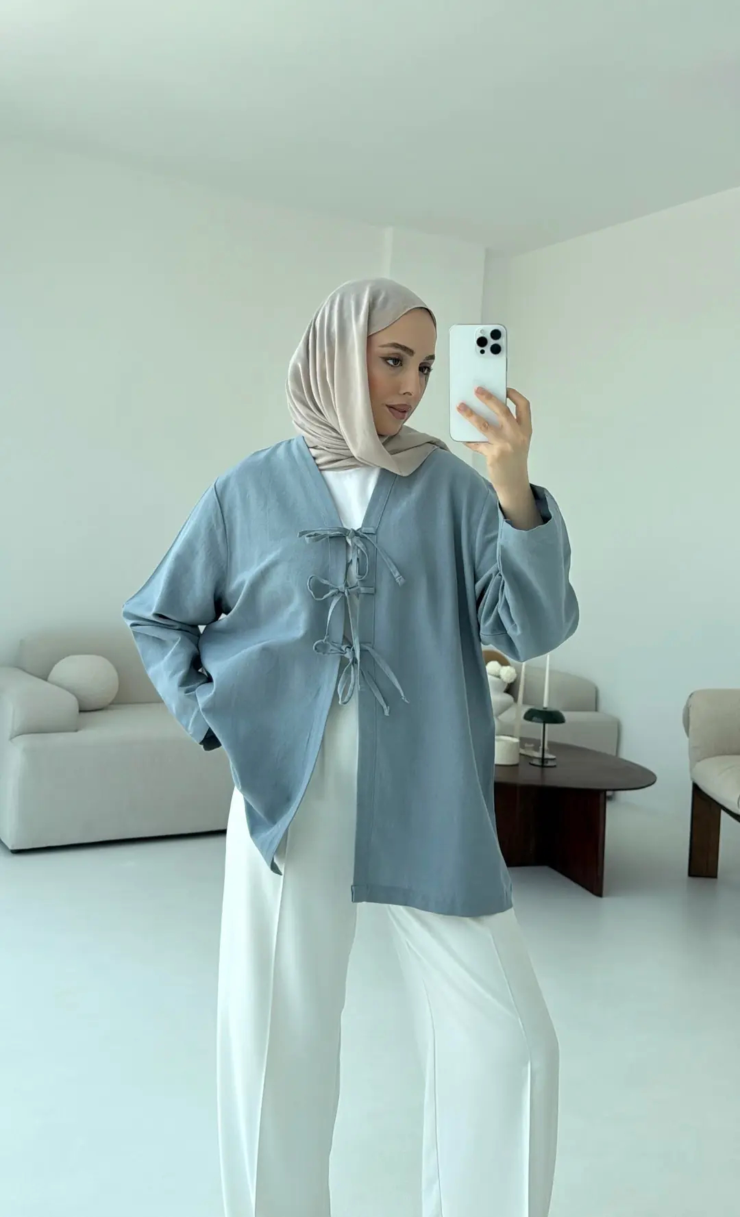 Keten Üç Bağlamalı Kimono Mavi - Görsel 5