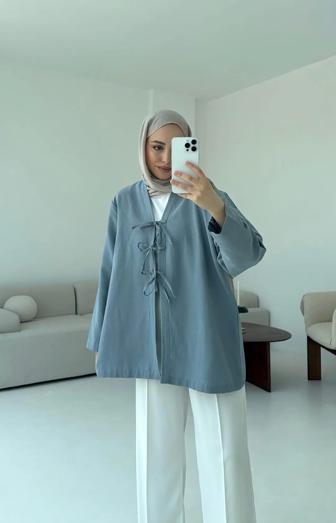 Keten Üç Bağlamalı Kimono Mavi - Görsel 6